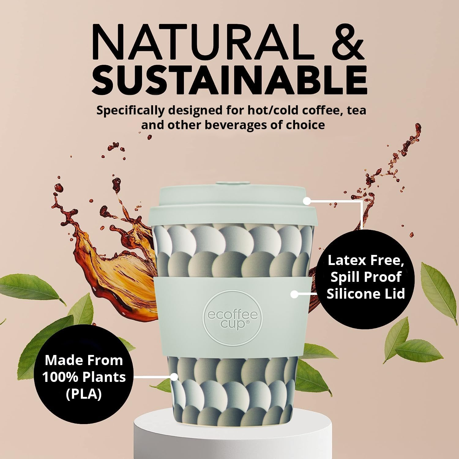 Ecoffee Cup 12Oz (350Ml) Reusable Coffee Cup &ndash; PLA Plant-Based Travel Mug with Silicone Lid, Melamine Free & Dishwasher Safe &ndash; Drempels image number 2