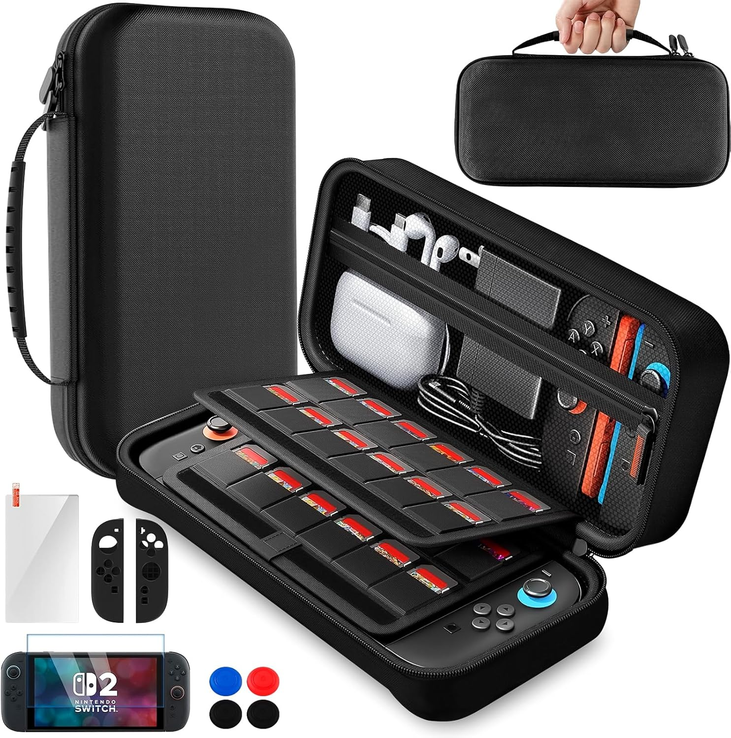 Large Capacity Carry Case for Nintendo Switch 2, Hard Shell Travel Case for Switch 2 with 1 Screen Protector with Alignment Frame, 2 Silicone Joypads Case, 4 Thumb Grip Caps, 1 Cleaning Wipe image number 2