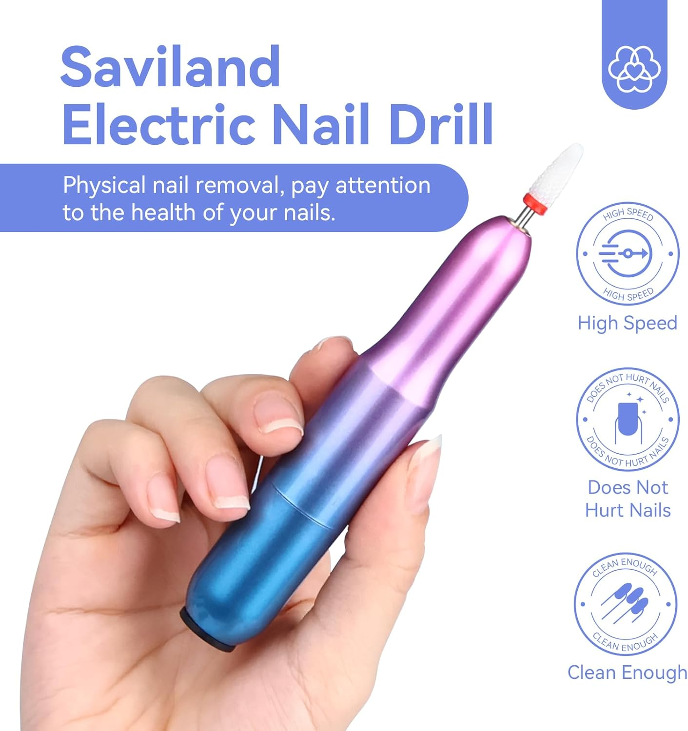 Saviland Portable Electric Nail Drill - 20000 RPM USB Electric Nail File with 7 Nail Drill Bits & 51 Sanding Bands for Nail Prep Acrylic Nails Dip Nails Gel Nails Home Salon Use, Blue-Violet Gradient image number 2