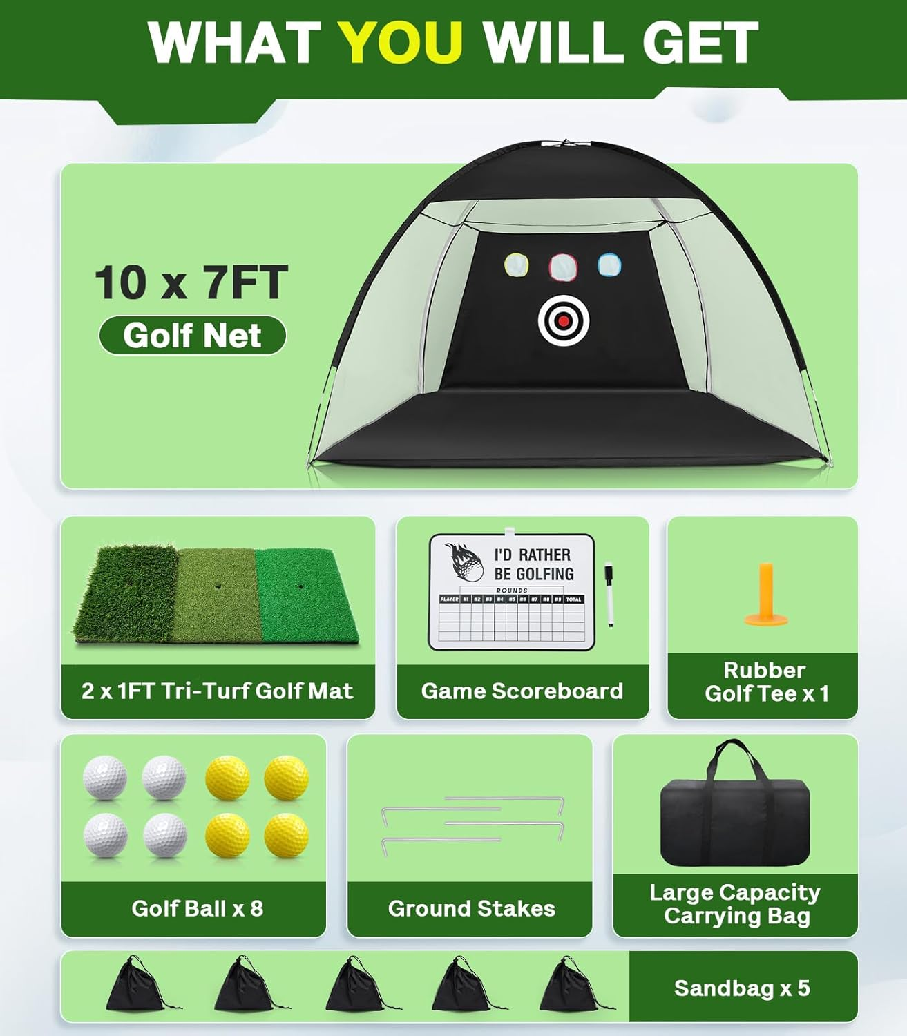 Golf Practice Net 10X7Ft with Foldable Tri-Turf Mat, All in 1 Hitting Net with Scoreboard & Target, Chipping Training for Backyard Driving, Christmas Ideal Gifts for Men image number 3