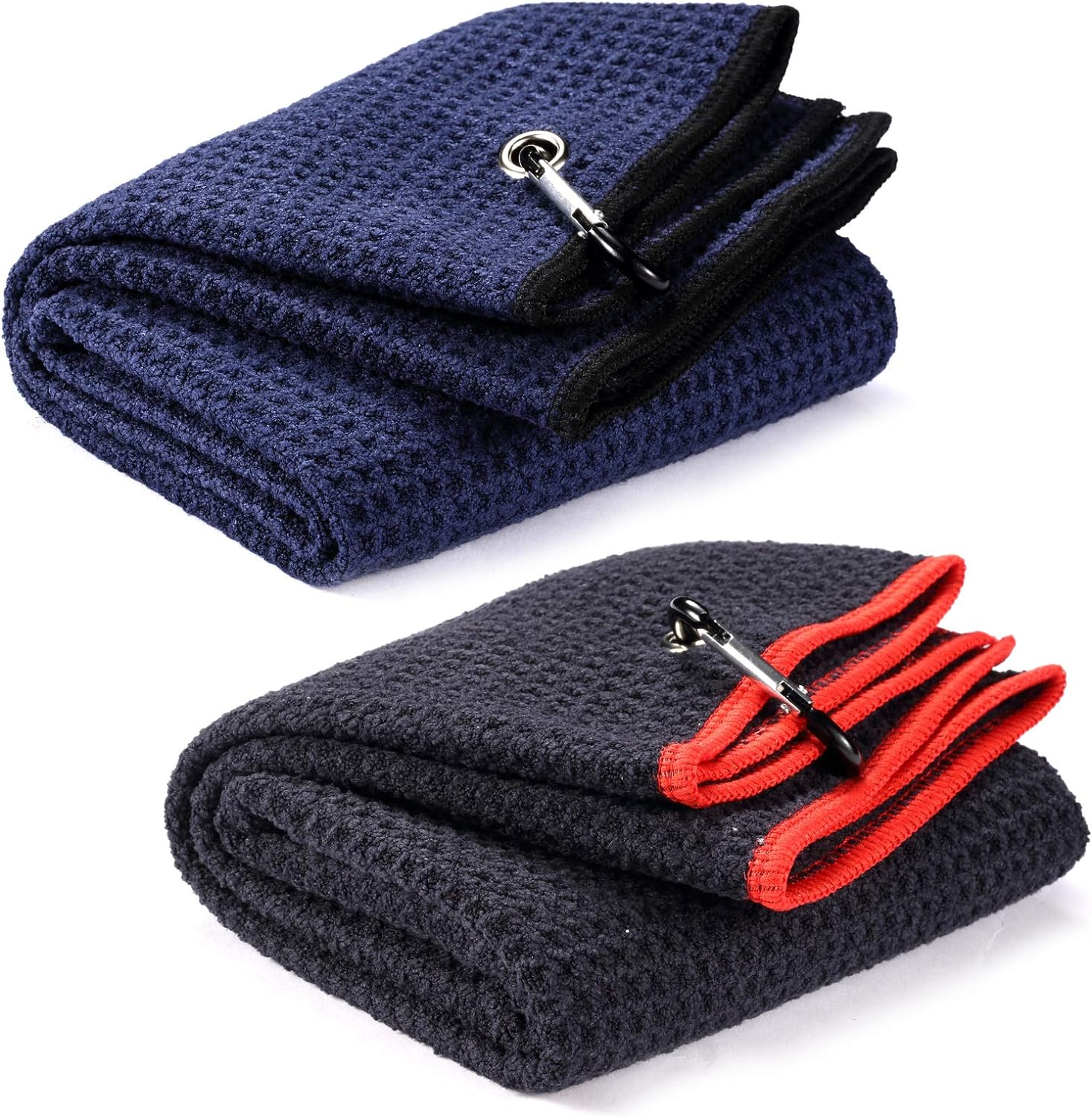 Fpxnb 2 Pack Tri-Fold Golf Towel Set, Microfiber Fabric Waffle Pattern Towels, Heavy Duty Carabiner Clip (2 Pcs, 2 Colors)