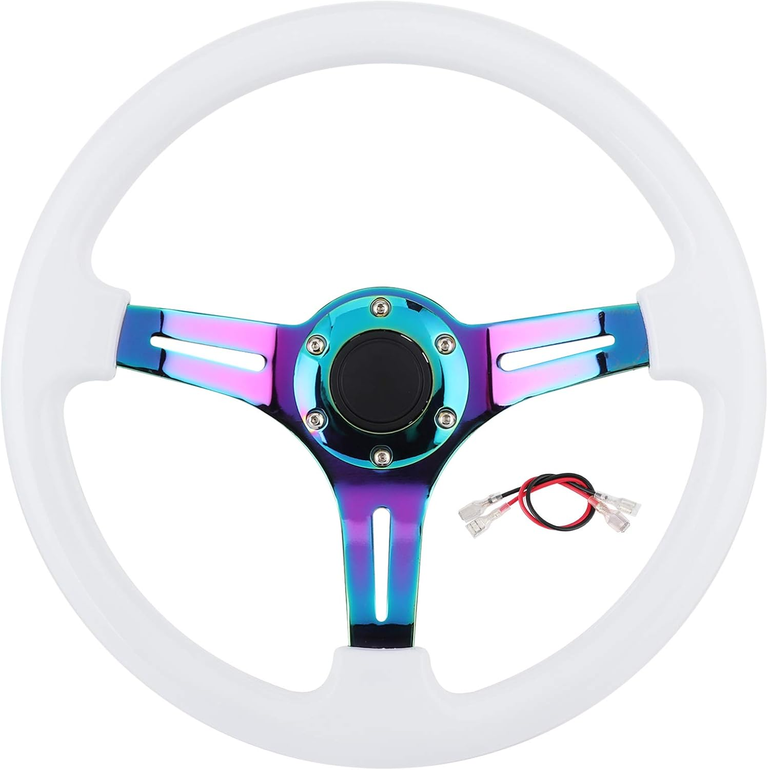 Universal Racing Steering Wheel, 14 Inch 3-Spoke Steering Wheel, 6-Bolt Fashion Colorful Spoke with Speaker Cable, ABS and Steel Spokes Drift Steering Wheel image number 4