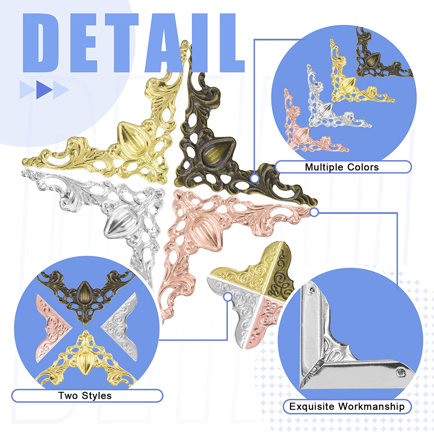 Glarks 160Pcs 4 Colors Metal Book Corners Protector 2 Styles Guard Edge Cover Book Scrapbooking Corner Protector Menus Album Notebook Folder File Corner Decorative Frame Angle Protector Covers image number 4