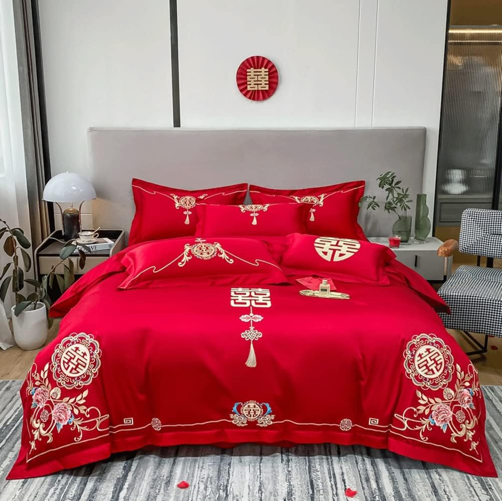 Red Duvet Cove King Double/Full 100% Skin-Friendly Cotton Super Soft 4-Piece Red Bedding Duvet Cover Set 1 Duvet Cover And1 Fitted Sheet and 2 Pillow Shams (Color : Red A, Size : 220X240-180X200Cm) image number 3