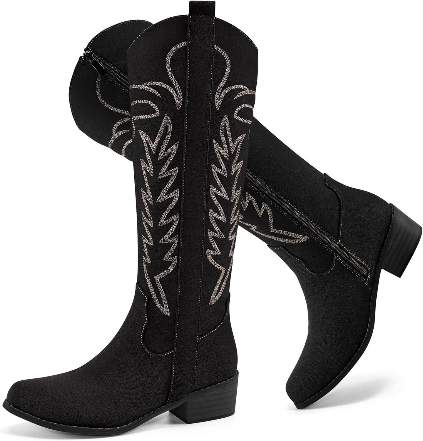 Ecetana Western Cowboy Boots for Women - Knee High Pointed Toe Chunky Heel Suede Cowgirl Boots with Wide Calf Classic Embroidered Pull on Zipper Tall Boot for 2025 Fall Winter