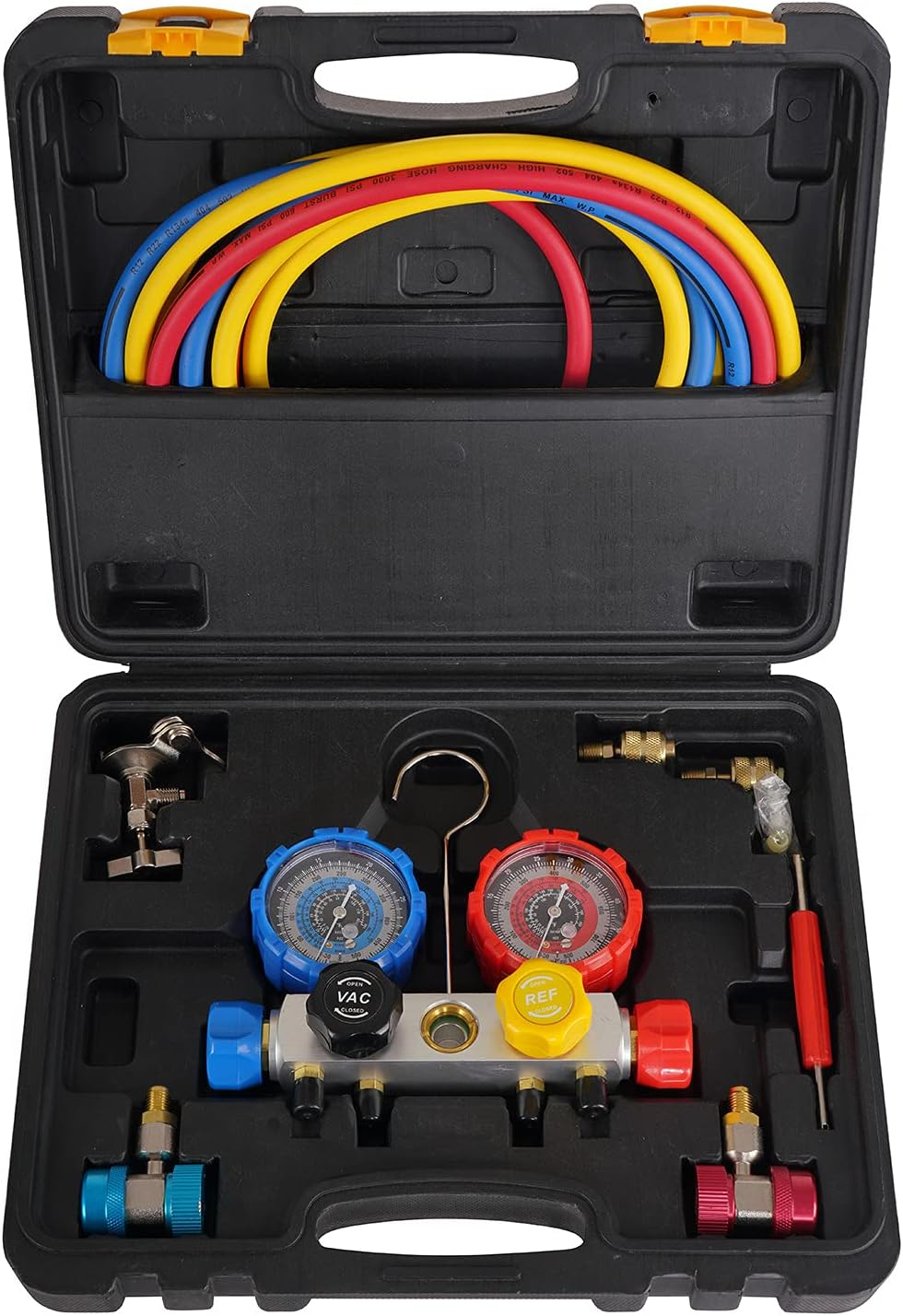 P PBAUTOS 4-Way A/C Diagnostic Manifold Gauge Set Refrigeration Machine for Vacuum Evacuation, Fits R410A, R22, R134A, R404A Refrigerants with Hoses, Couplers and Can Tap