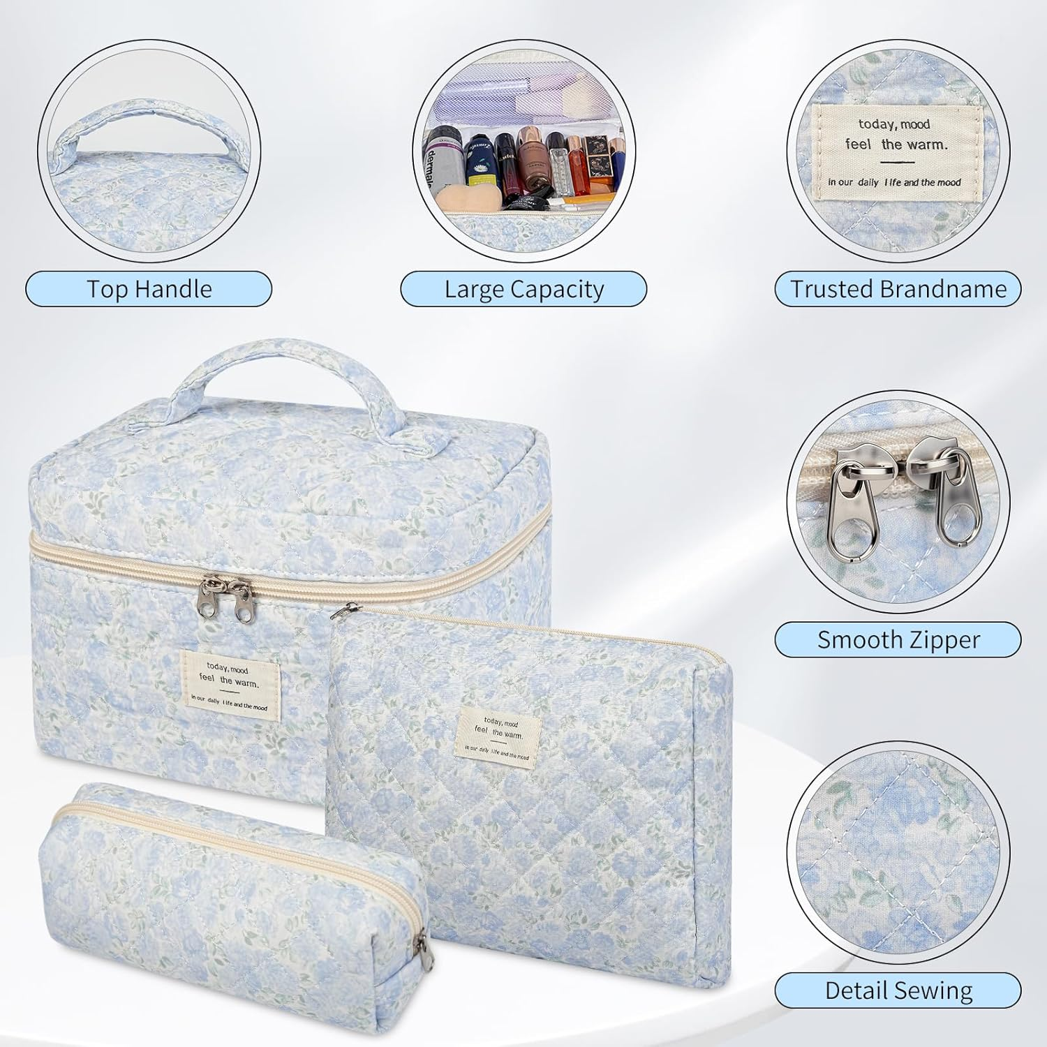 Senbowe Floral Makeup Bag, 3 Pack Large Cotton Quilted Makeup Bag Set, Cute Floral Coquette Aesthetic Toiletry Bag Make up Cosmetic Bag for Women, Toiletry Travel Make up Organizer Bag - Blue-White image number 5