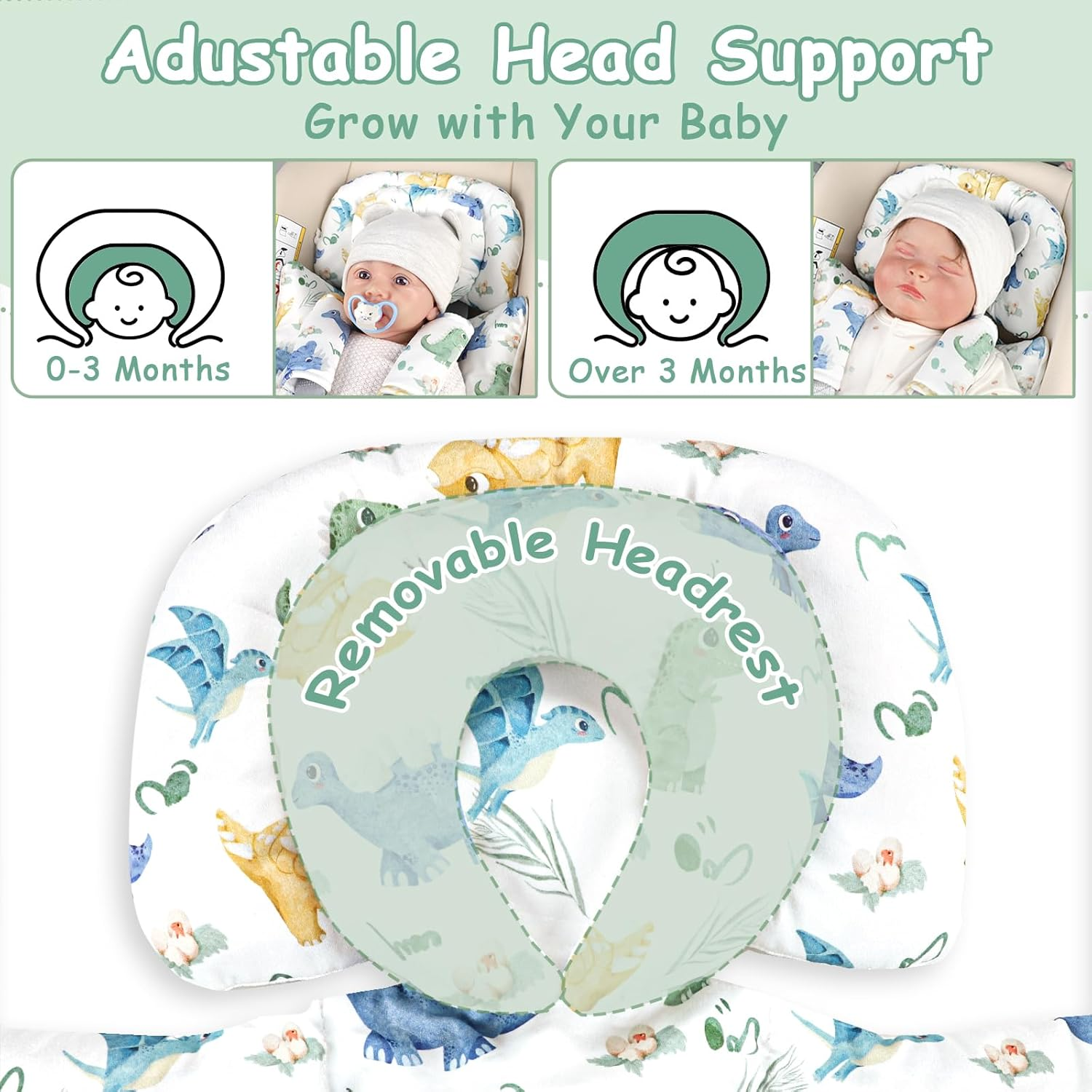 TANOFAR Infant Car Seat Insert for Preemies & Newborns, Baby Car Seat Insert with Removable Head Support, Universal Head and Body Support Pad for Car Seat, Stroller & Swing(Dinosaur) image number 3