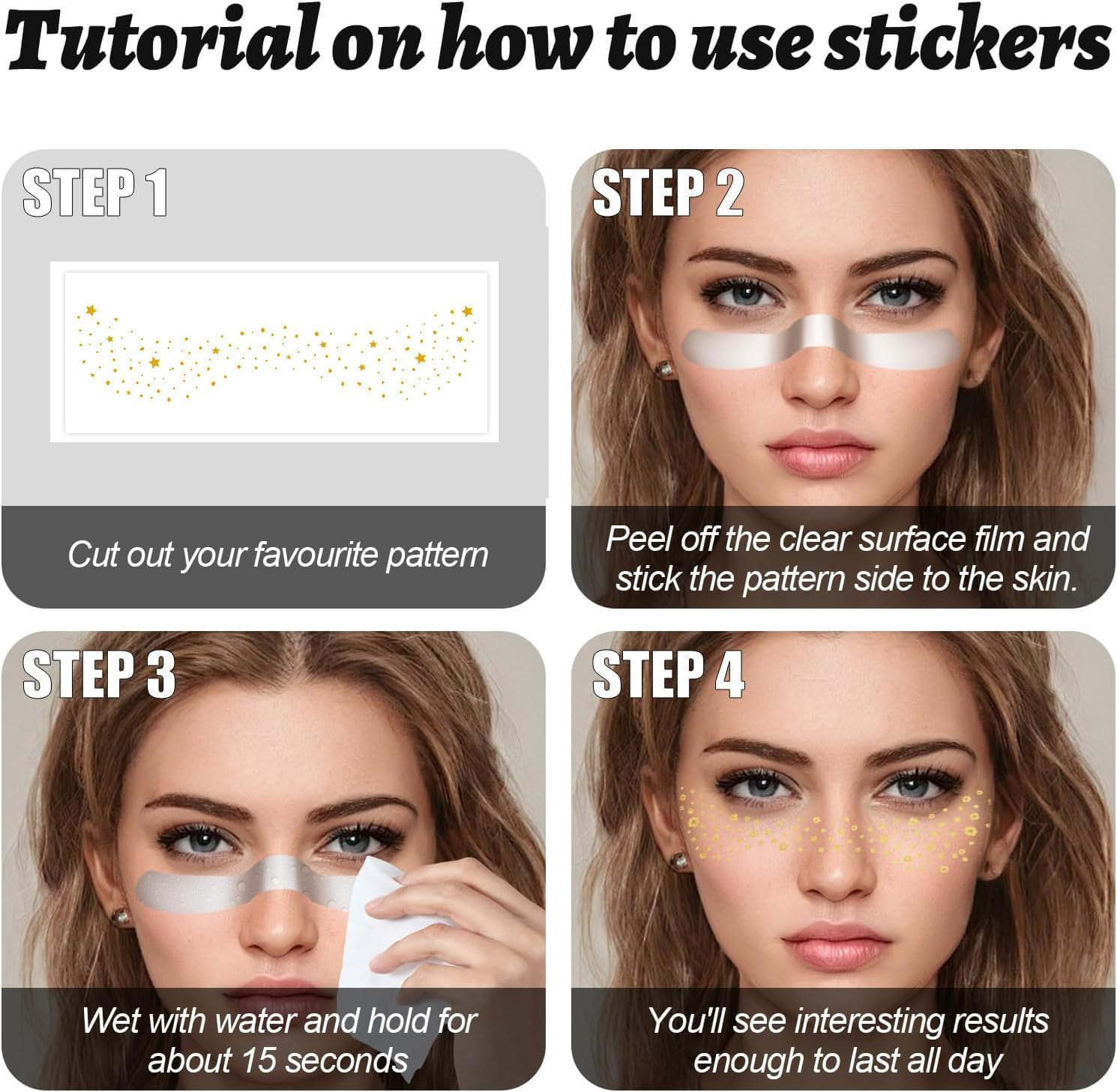 10 Sheets Glitter Freckles Face Tattoo, Sparkle Freckles for Women, Face Waterproof Glitter Speckles Patches, Used for Professional Makeup, Party Gathering Gold image number 5