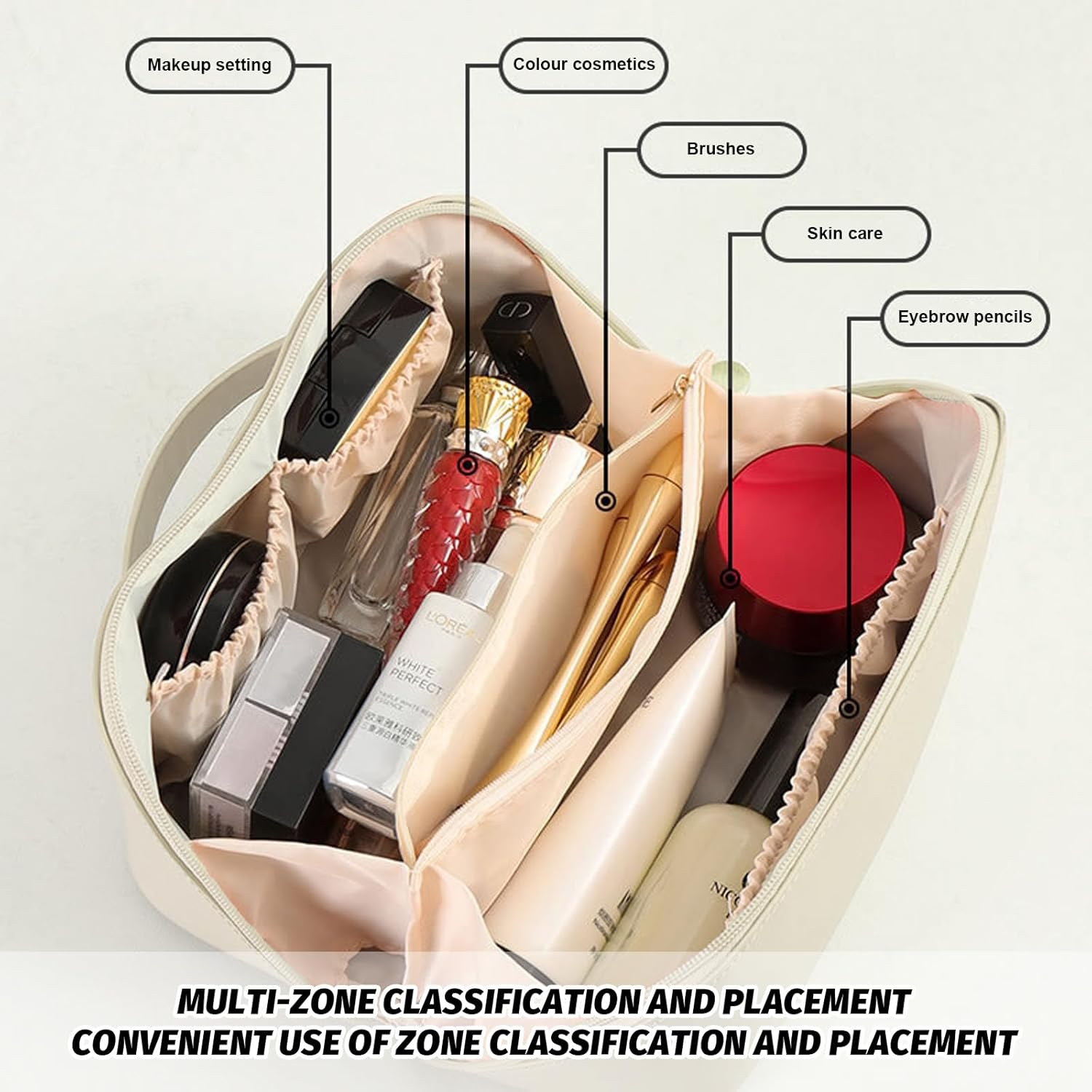 Cosmetic Bag, Extra Large Waterproof Makeup Organizer, High-Quality PU Travel Toiletry Bag for Women, Spacious Multi-Compartment Storage Pouch for Cosmetics, Skincare, Brushes, and Essentials (White) image number 3