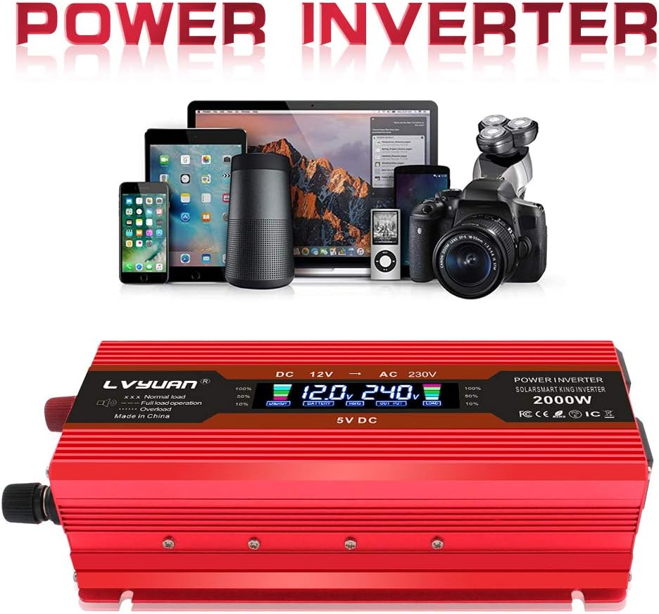 Yinleader 1000W/2000W(Peak) Car Power Inverter DC 12V to 240V AC Converter with Intelligent LCD Display Dual AC Outlets Dual USB for RV Caravan Truck Laptop(Red) image number 1