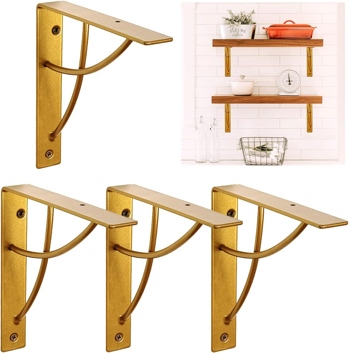 WAALIJI Metal Shelf Brackets, Gold Heavy Duty Shelf Bracket 7 Inch for Floating Shelf DIY Open Shelving Modern L & Cross Design Set of 4