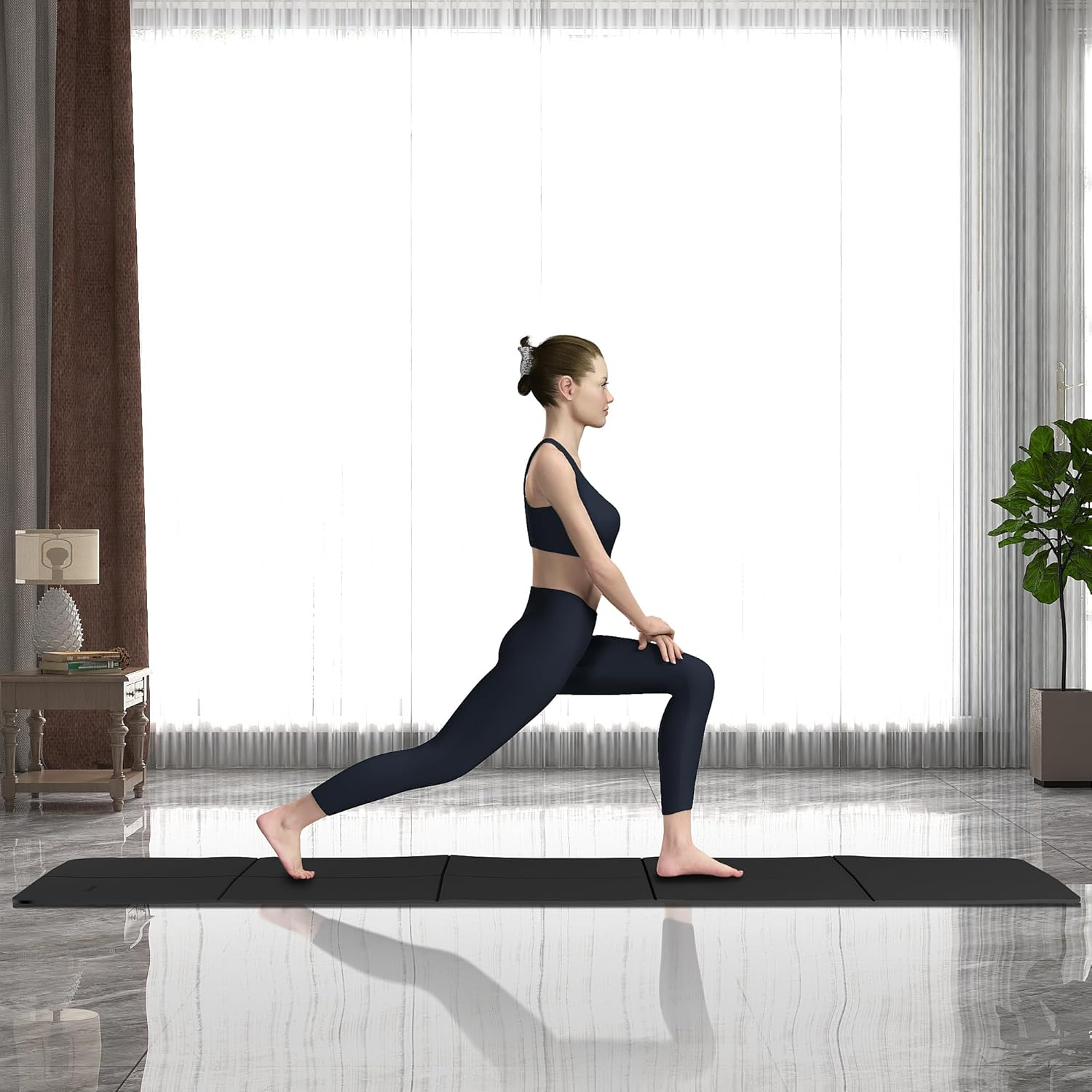 Yoga Mat Non Slip 1/4" TPE Folding Yoga Mat,Readaeer 72"X24" Exercise Yoga Mat- Training Mat Fitness Mat for Women, Men & Children - Beige image number 3