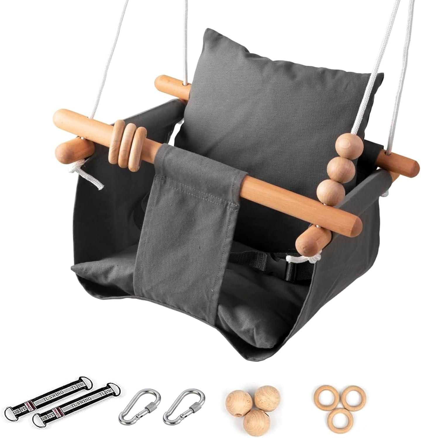 Baby Swing Seat, Visuivit Durable Canvas Hanging Swing for Outdoor/Indoor Use with Canvas Cushion & Safety Belt, Swing Sets for Baby Hammock Toy Backyard (White & Grey)