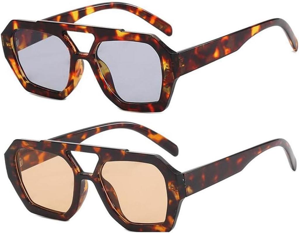 BAODAREN Trendy Aviator Sunglasses for Women Men Hexagonal Square Thick Frame Double Bridge Sun Glasses Shades BS1300