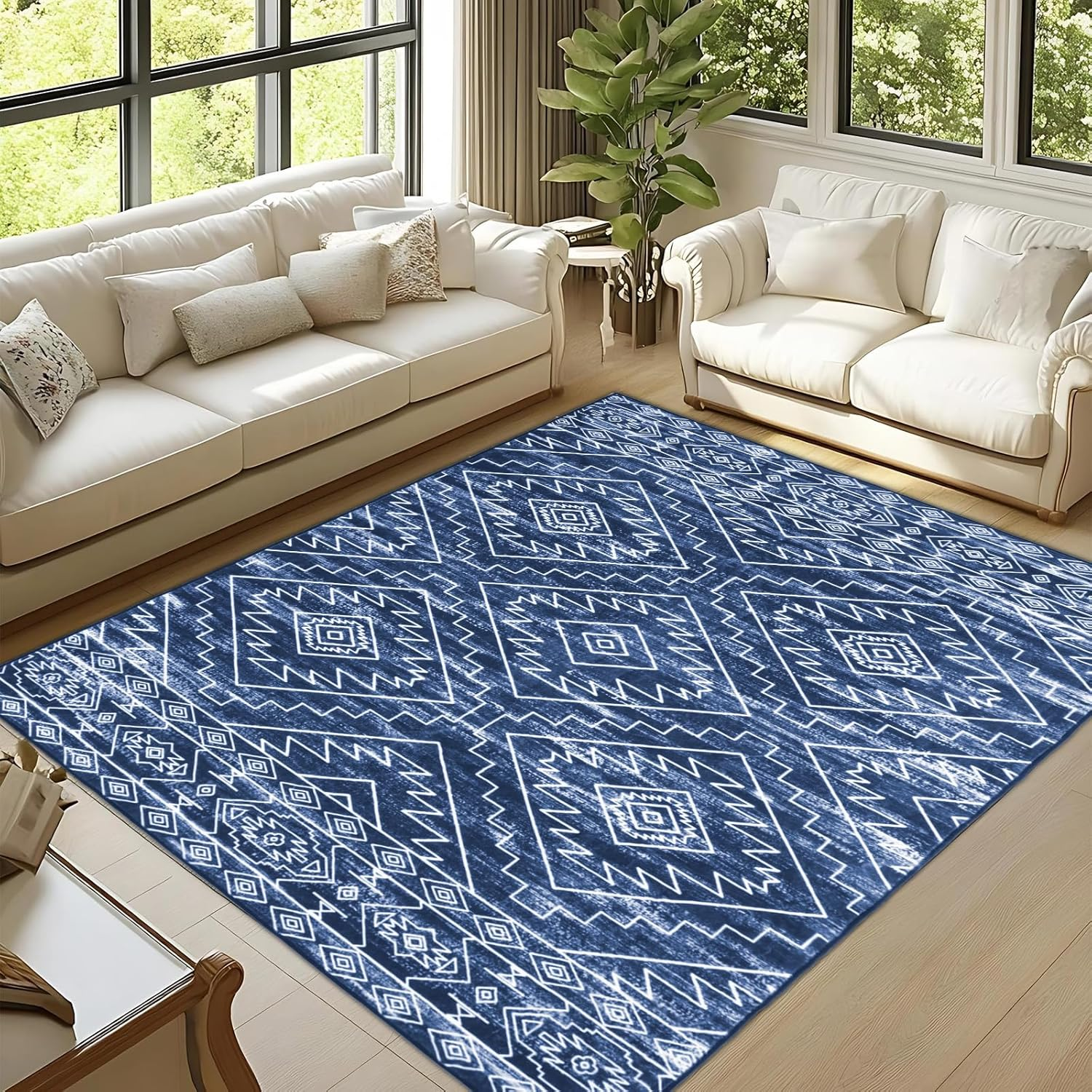 MOSISO 4X6 Area Rug for Living Room, Washable Area Rug, Soft Geometric Rhombus Low Pile Indoor Floor Carpet, Faux Wool Rectangular Non Slip Carpet for Living Room Bedroom Dining Home Office, Blue image number 2