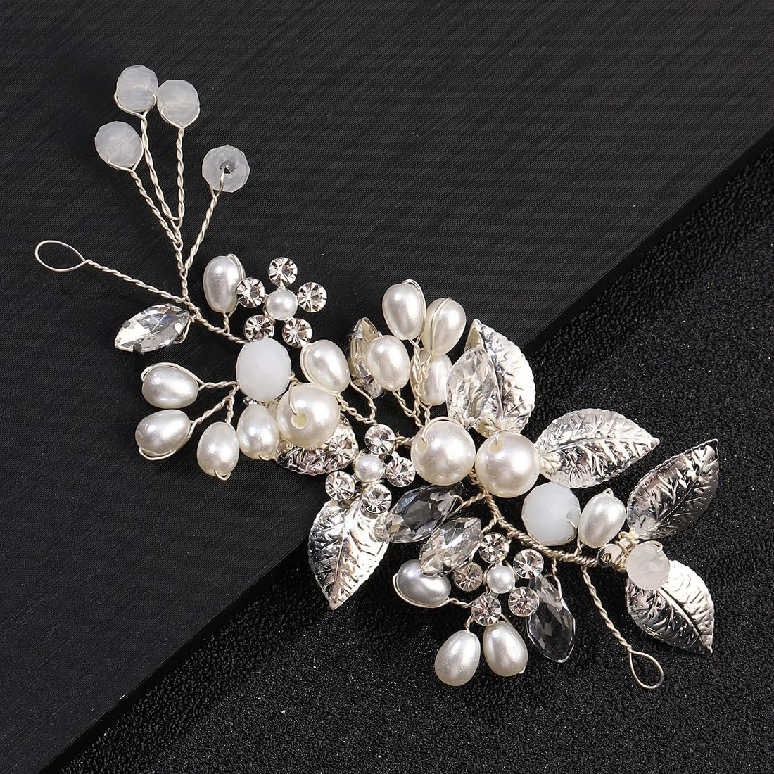 Silver Wedding Crystal Hair Vines Flower Leaf Headpiece, Pearl Headband, Wedding Hair Accessories for Bride, Hair Accessories for Women and Girls image number 1