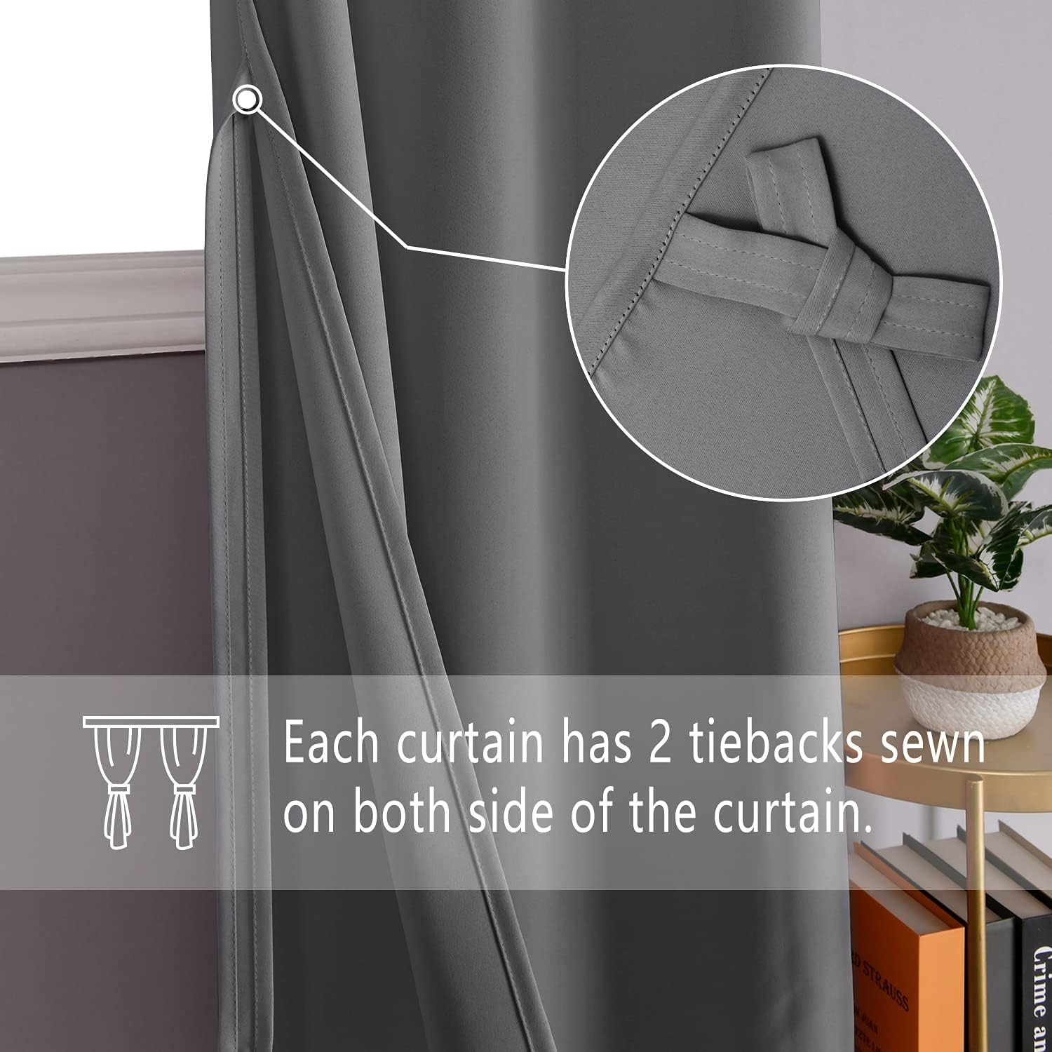 DWCN Grey Blackout Curtains for Bedroom Sewn with Tiebacks - Thermal Insulated Light Blocking Grommet Window Curtains for Living Room, Set of 2 Drape Panels, Each W132 Cm X D214Cm, image number 4