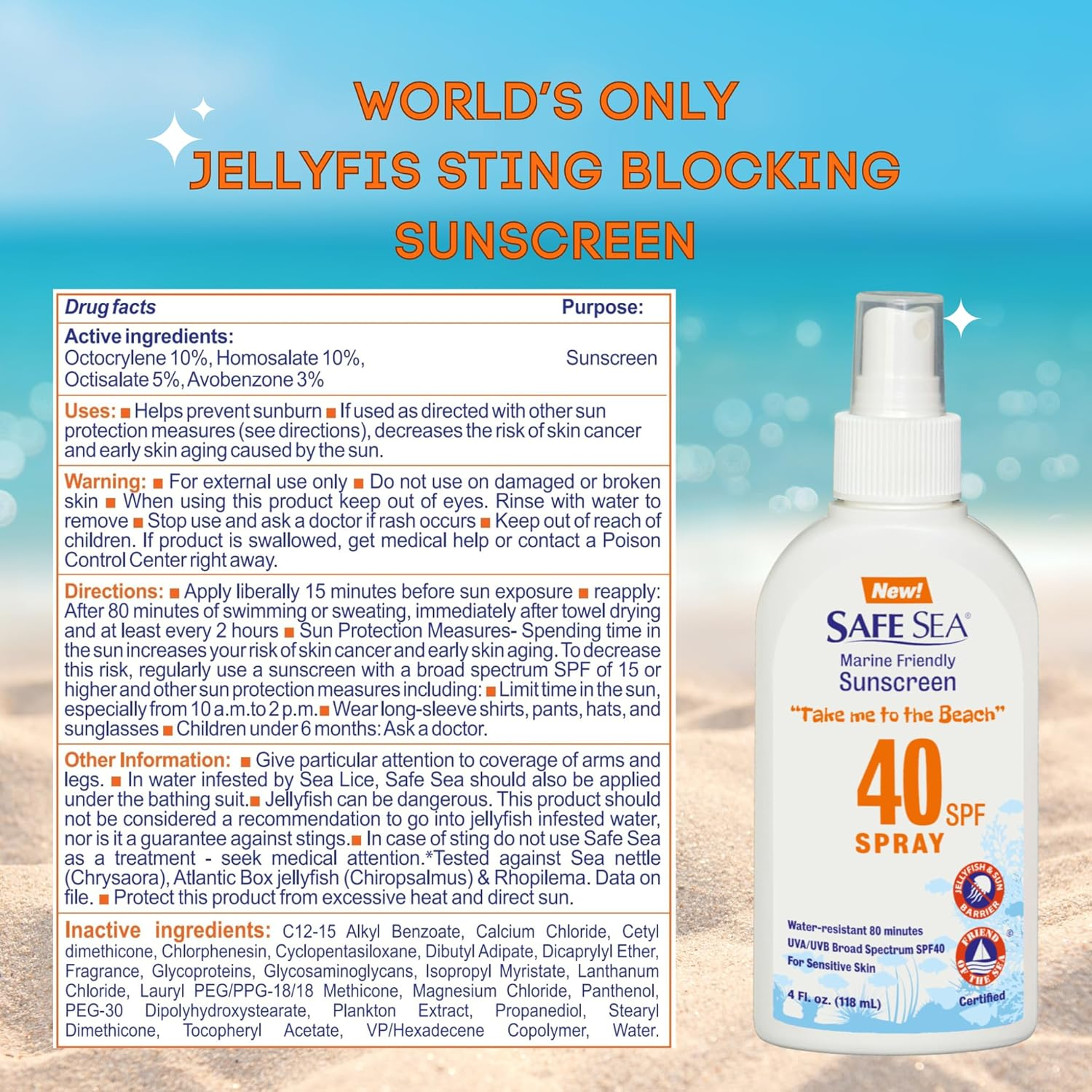 Safe Sea SPF40+ Spray 4Oz. Safe Sea Anti-Jellyfish Sting Protective Lotion Sunscreen, Reduce Sea Lice Stings, Jellyfish Stings and Fire Corals. Eco-Friendly and Reef-Safe Sunscreen (40-SPD 2 PACK) image number 2