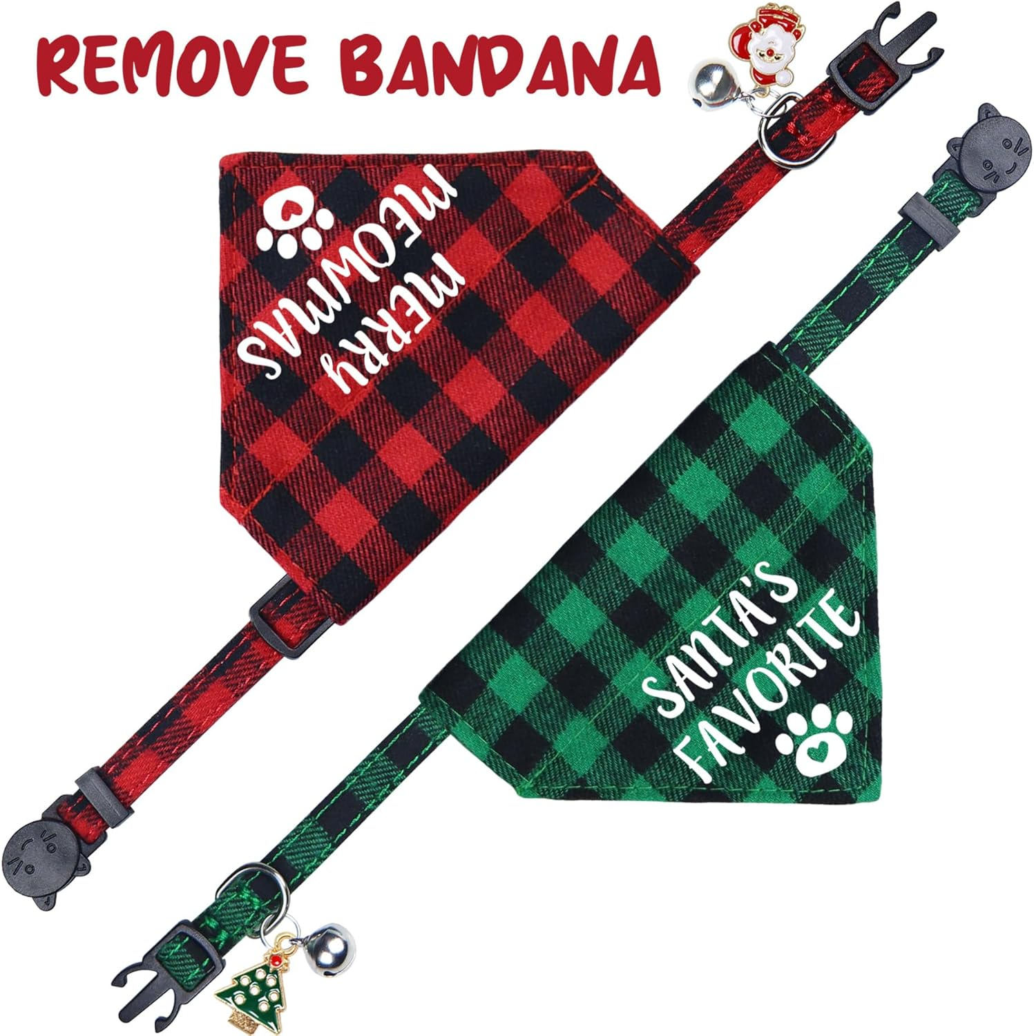 STMK 2 Pack Christmas Cat Bandana Collar with Bell, Breakaway Holiday Cat Kitten Bandana Collar with Bell Santa Christmas Tree for Christmas Cats Costumes Outfits (Merry Meowmas & Santa'S Favorite)