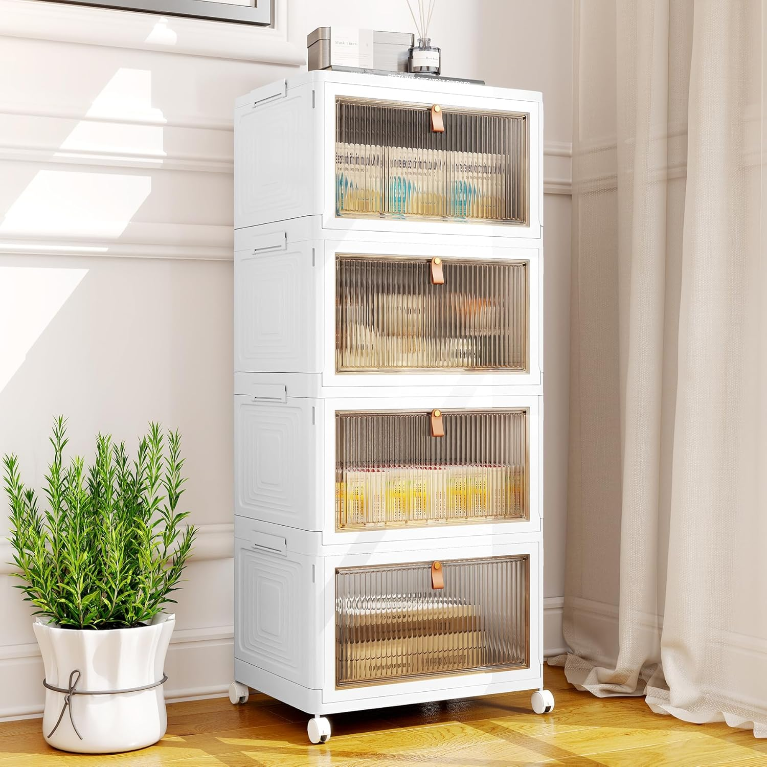 4 Tier Stackable Plastic Storage Bins with Lid and Wheels - 23 QT Closet Organizers and Storage, Foldable Storage Containers, Organization and Storage Boxes for Craft, Home, Pantry, Office, Dorm image number 1