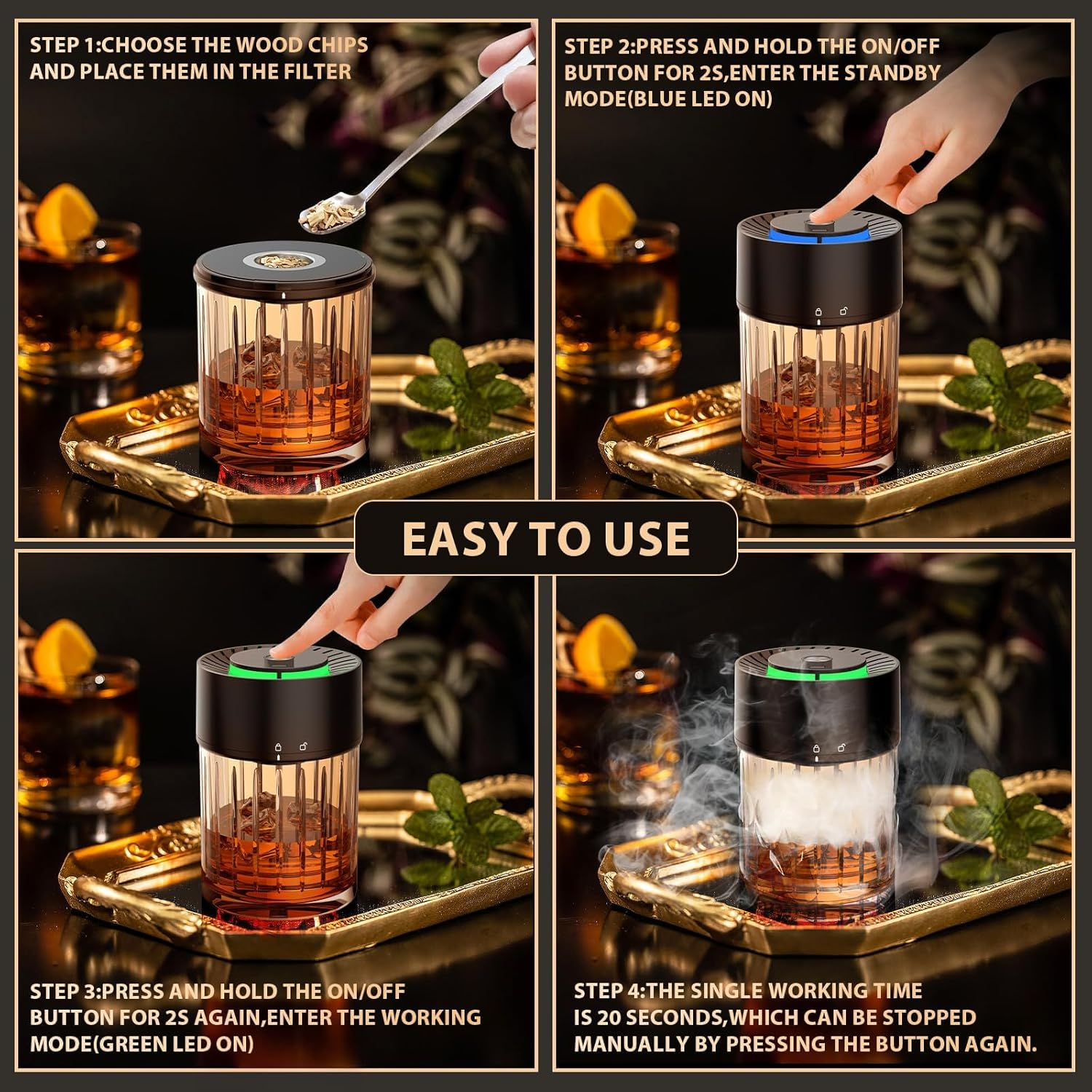 Electric Whiskey Smoker Kit with Rechargeable Built-In Lighter & LED Light, No Butane Needed, 6 Flavored Wood Chips for Old Fashioned Smoker Kit, Bourbon, Cocktail Father&rsquo;S Day Gifts for Men Husband