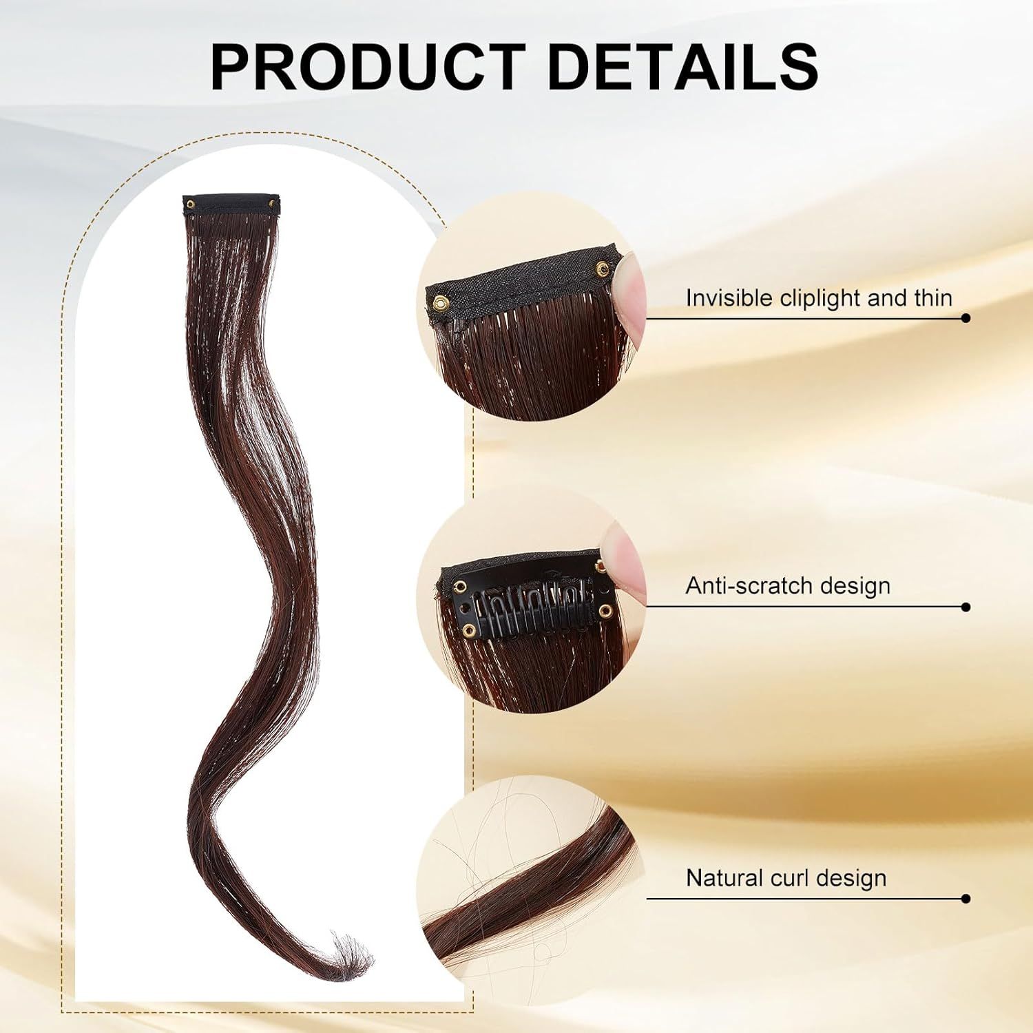 NICENEEDED Light Brown Clip-In Fake Bangs, Hair Clip in Extensions, Artificial Pony, Wavy, Curly, Long, Side Air Bangs Clips, Hair Clips image number 4