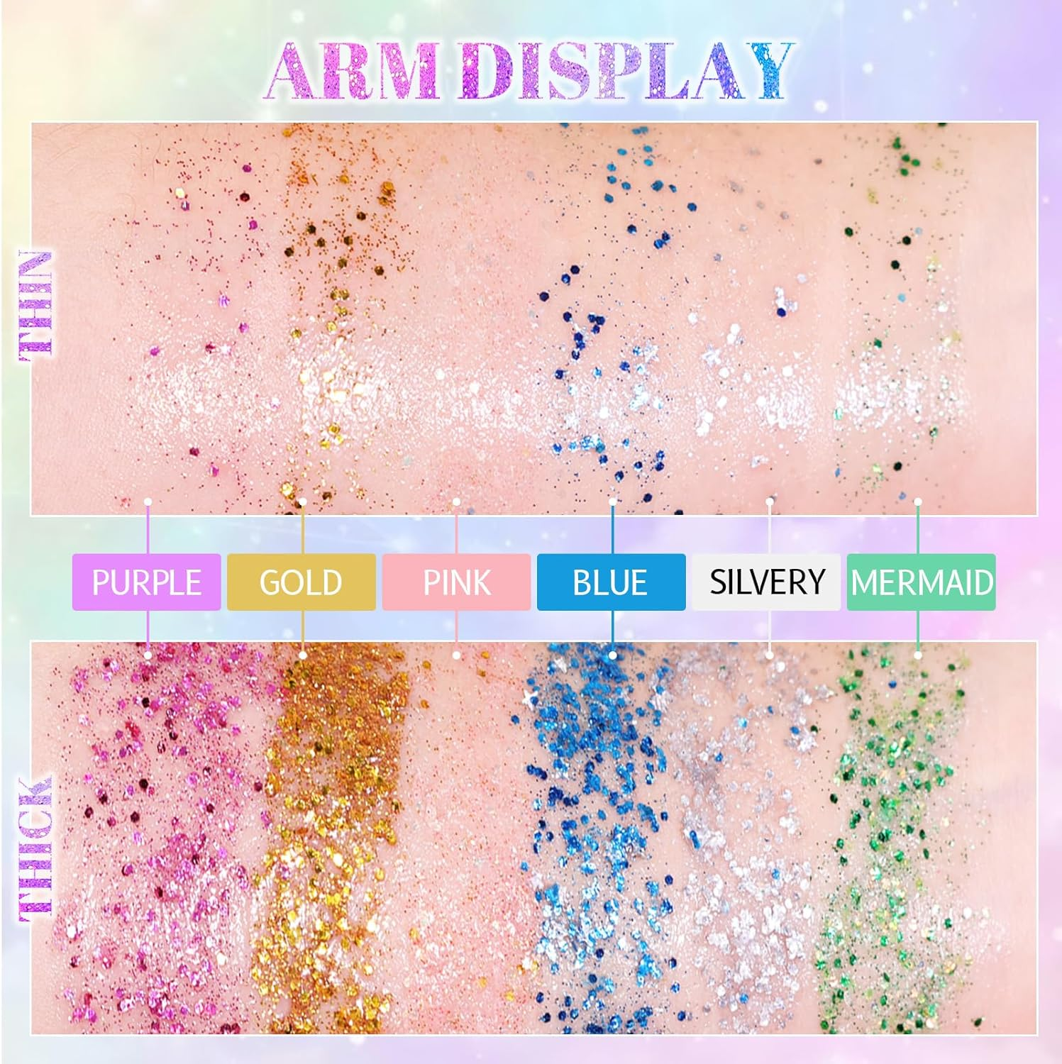 YBUETE Face Body Glitter Stick,6 Colors Hair Body Glitter Stick for Singer Concert Outfit Cosplay Rave Accessories for Women,Glitter Nail Sequins Iridescent Flakes for Festival Rave Halloween Makeup