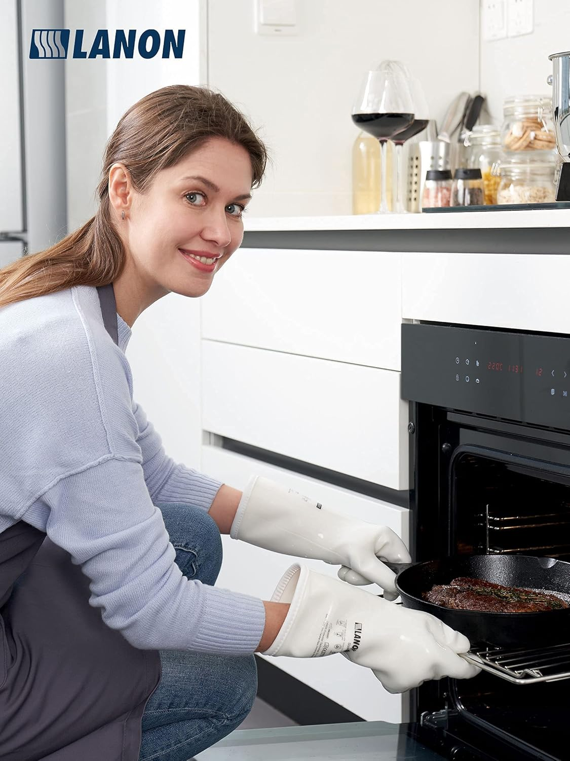 LANON Liquid Silicone Gloves, Heat Resistant Oven Gloves with Fingers, Food Grade, Waterproof, White, Medium image number 2