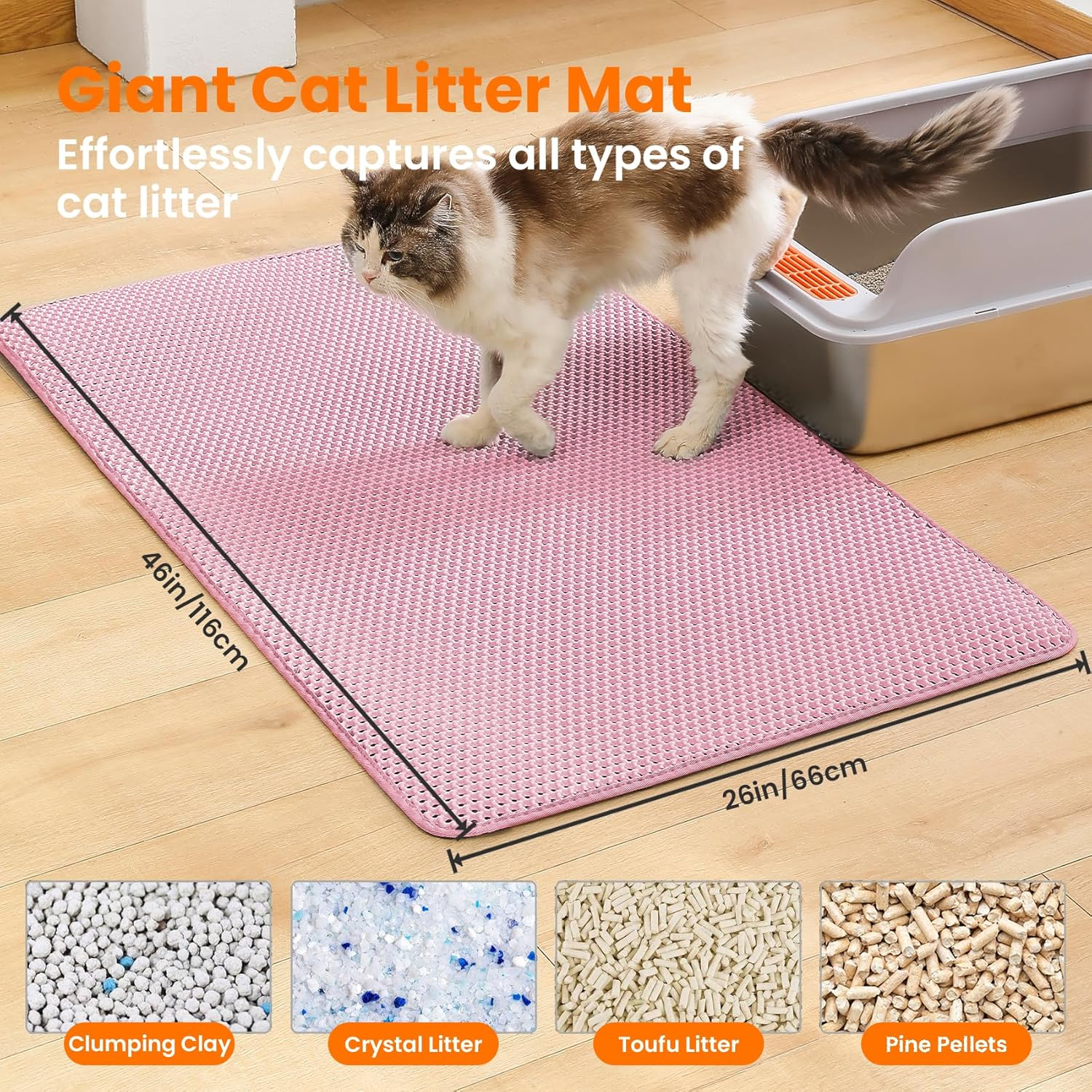 Petinstinct Cat Litter Mat, 45.7X26 Inches Extra Large Honeycomb Double Layer Cat Litter Trapping Mat, Non Slip Waterproof Urine Proof Litter Box Mat, Kitten Supplies and Essentials, Pink image number 5
