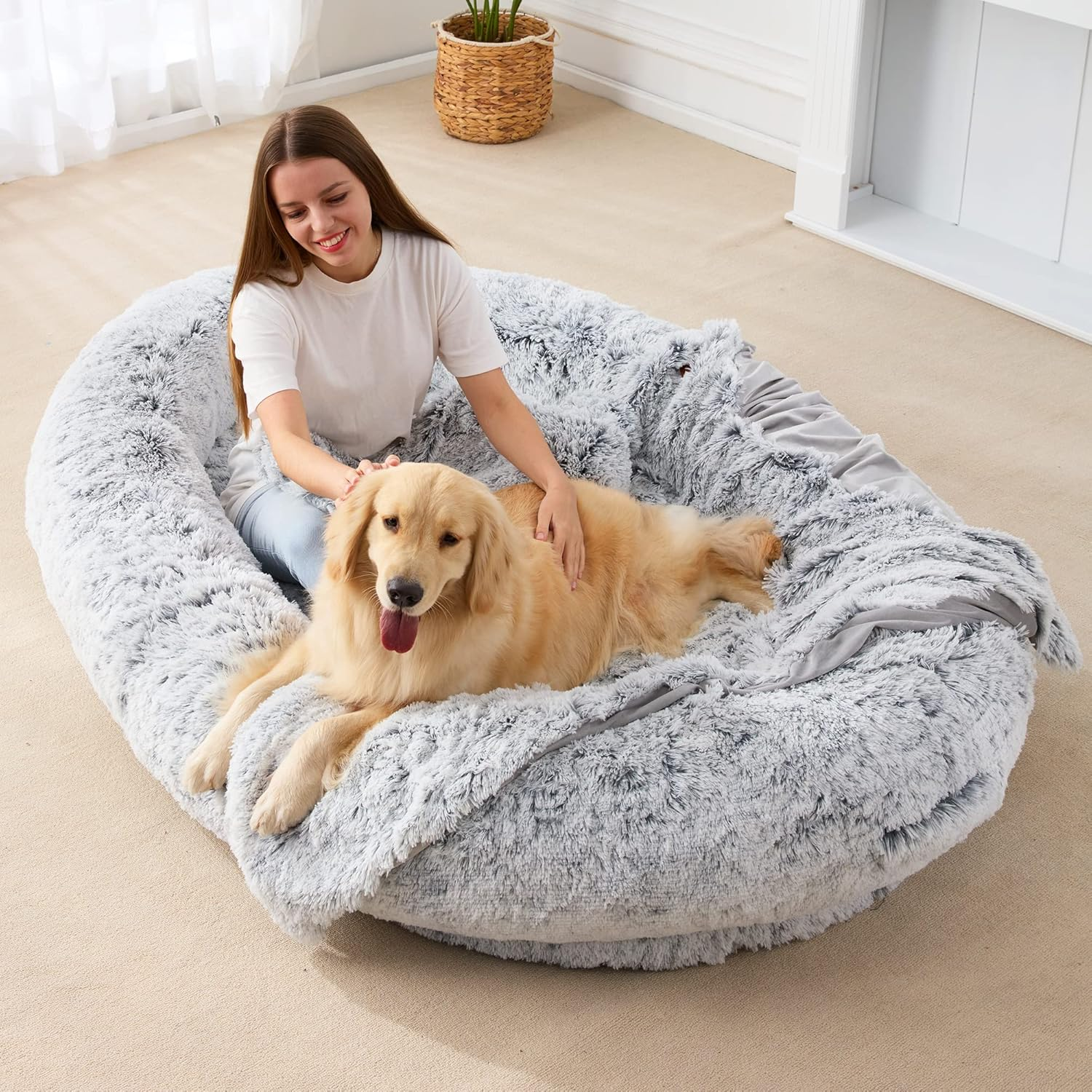 Homguava Large Human Dog Bed 75.5''X55''X12'' Bean Bag for Humans Giant Beanbag with Blanket People, Families, Pets (Grey Plush)