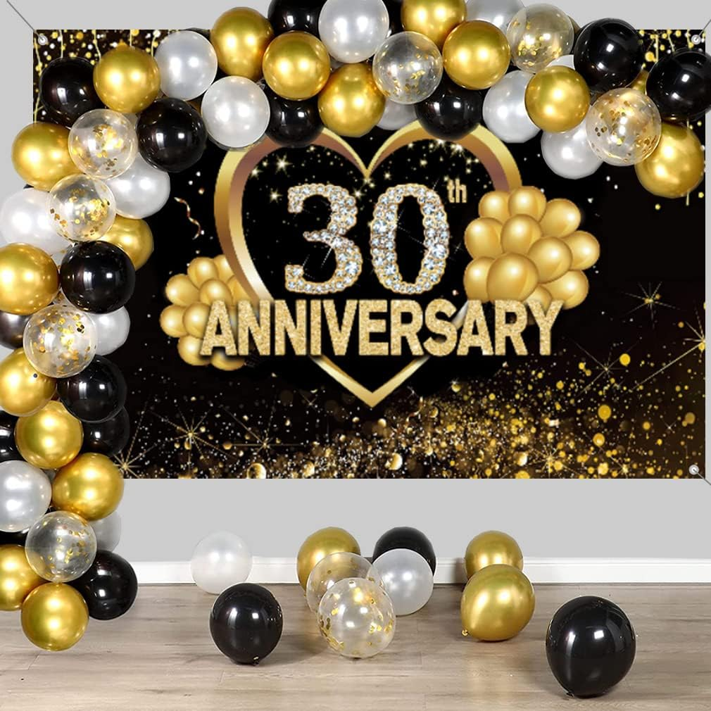 Happy 30Th Anniversary Decoration Banner, 30Th Wedding Anniversary Party Supplies Fabric Sign Poster, Black and Gold Backdrop Decor Photo Background Welcome Sign, 150 Cm X 90 Cm image number 3