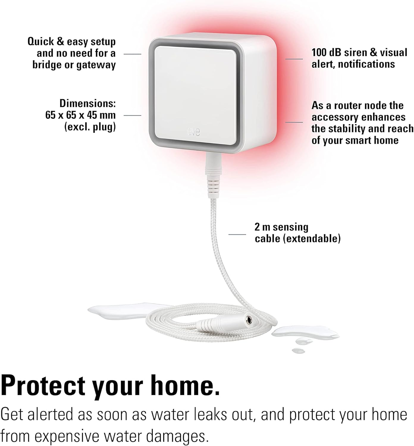 Eve Water Guard (Apple Home) - Smart Home Water Leak Detector, 2 M Sensing Cable (Extendable), 100 Db Siren, Water-Leak Alert on Iphone, Ipad, Apple Watch, Bluetooth & Thread image number 6