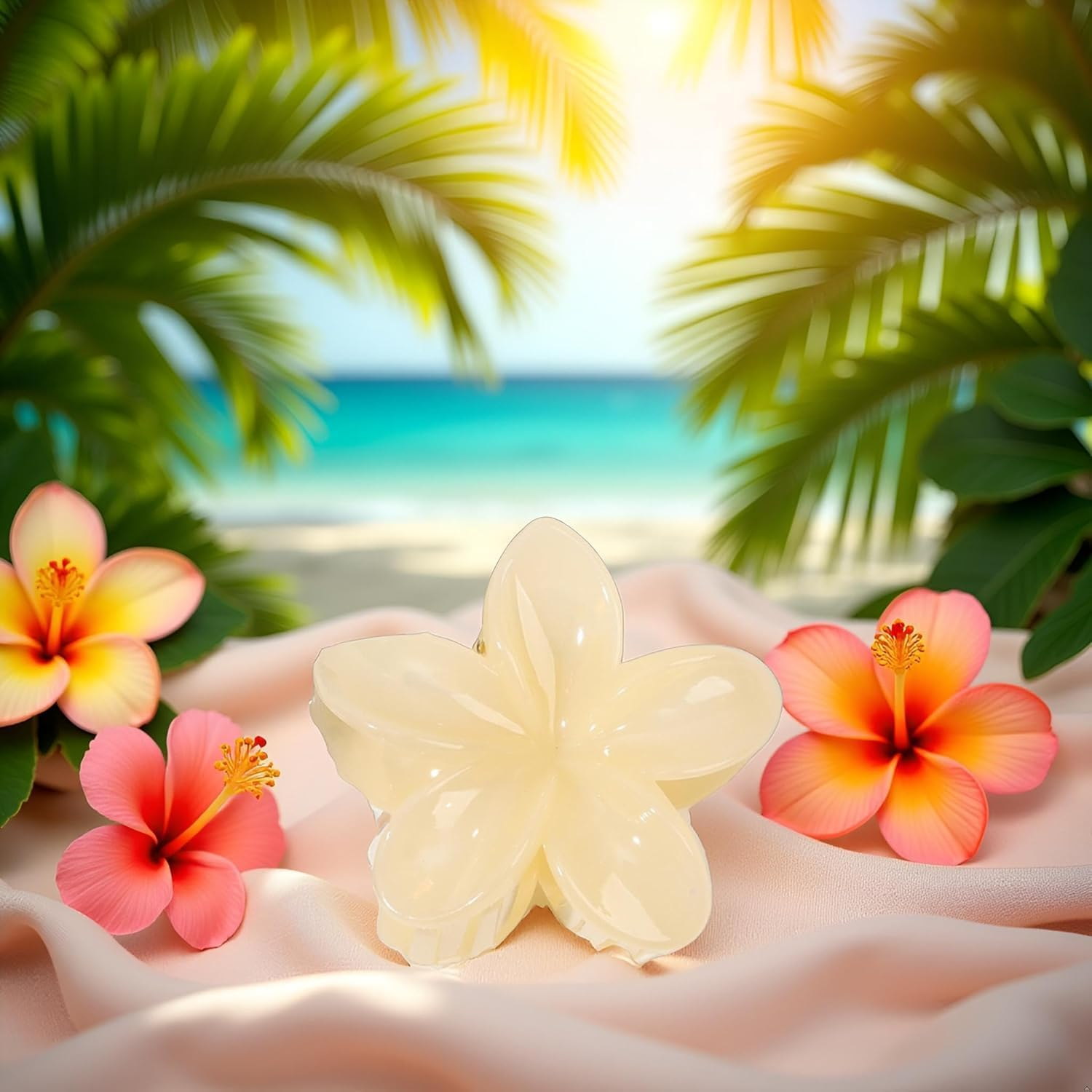 Creamy Yellow Hawaiian Flower Claw, Plumeria Clip, Preppy Flower, Hibiscus Claw for Women, Large Claws for Thick Hair, Hairs Accessories image number 4