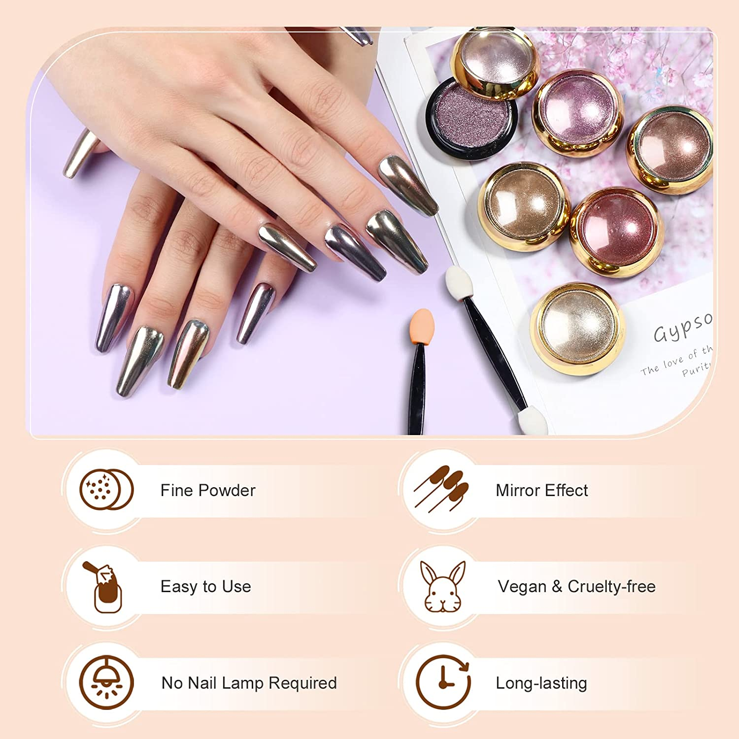 SAVILAND Chrome Nail Powder Set - 6 Colors Rose Gold Chrome Nail Powder Holographic Metallic Mirror Nail Effect Manicure Pigment for Nail Decoration Salon Home DIY