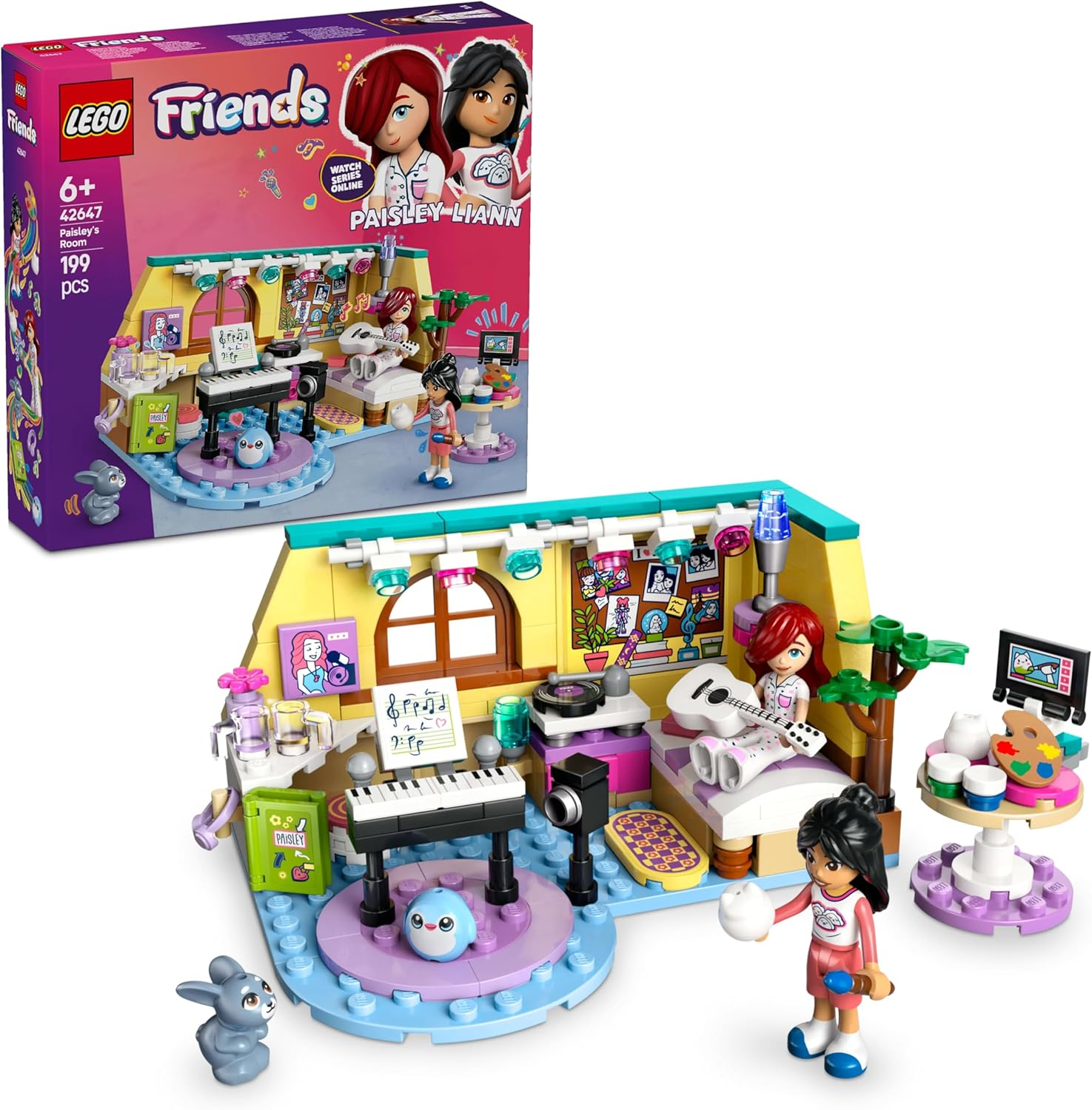LEGO Friends Paisley&rsquo;S Room 6 Year Old Girl Toy, with 2 Mini-Doll Characters, Building & Construction Kids Set with Bunny Animal Figure, Musical Instruments and Dolls' House Accessories, 42647 image number 1