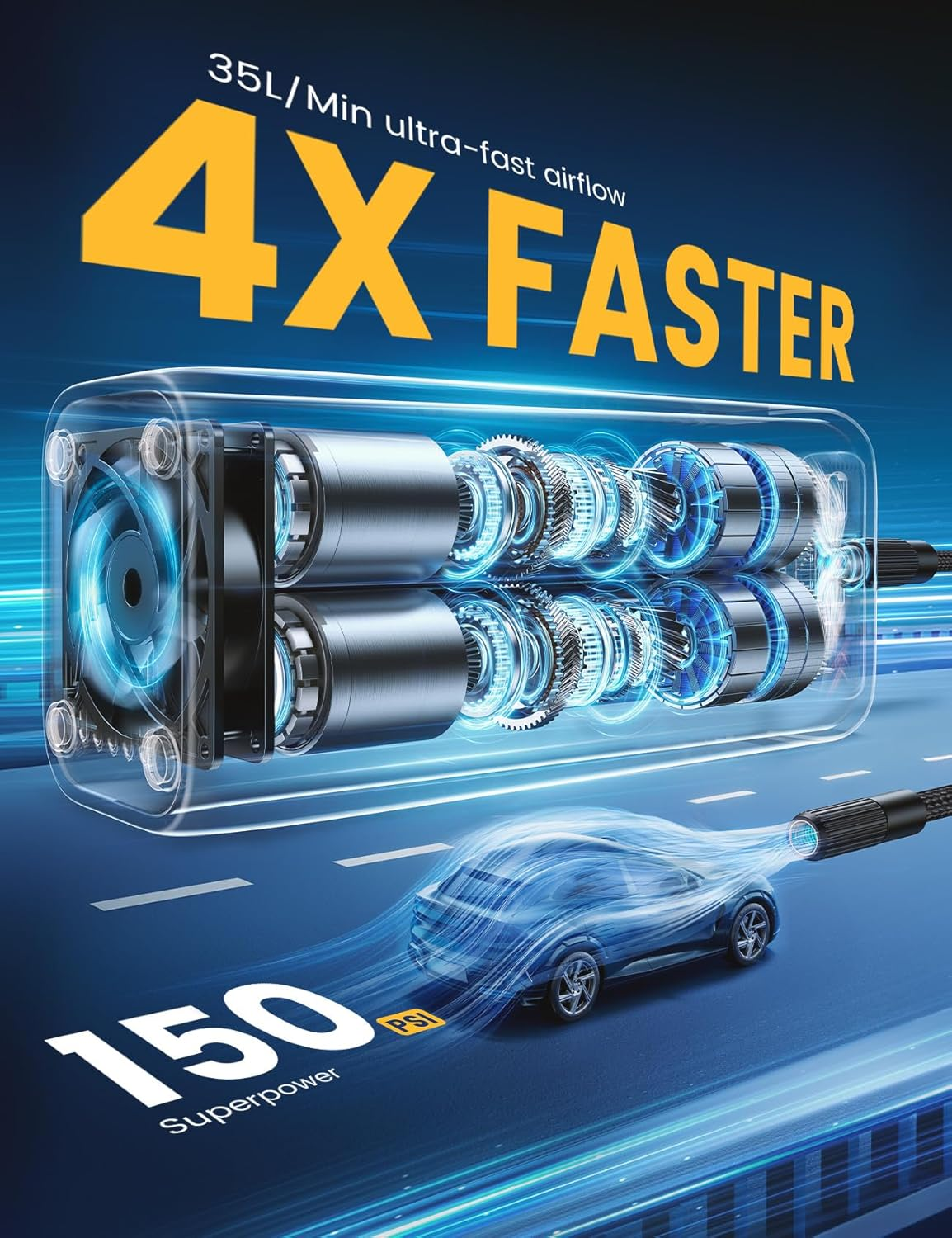 Tire Inflator Portable Air Compressor - Lamicall 150 PSI Cordless Car Air Tire Pump, Rechargeable Fast Inflate, Electric Bike Pump, Digital Pressure Gauge, LED Light, for Auto Motorcycle Ball image number 2