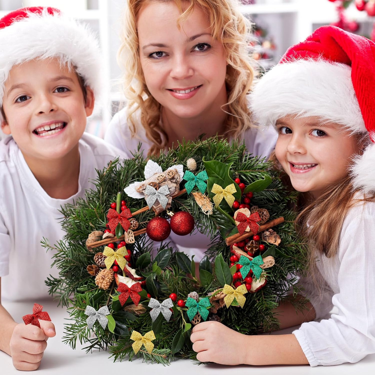 Syhood 150 Pcs Christmas Mini Bow Tiny Twist Tie Handmade Craft Ribbon Hair Small Holiday Bow Craft Supply for DIY Sewing Party Decor(Classic Color, Glitter) - Dark Greenbeige image number 7