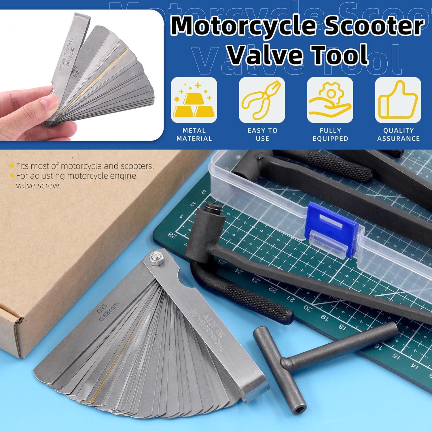 Glarks 5Pcs Motorcycle Engine Valve Screw Adjustment Tool Kit, 3Pcs 8Mm 9Mm 10Mm Engine Valve Screw Spanner Engine Valve Screw Wrench and Straight Feeler Gauge for Motor Engine Valve Screw