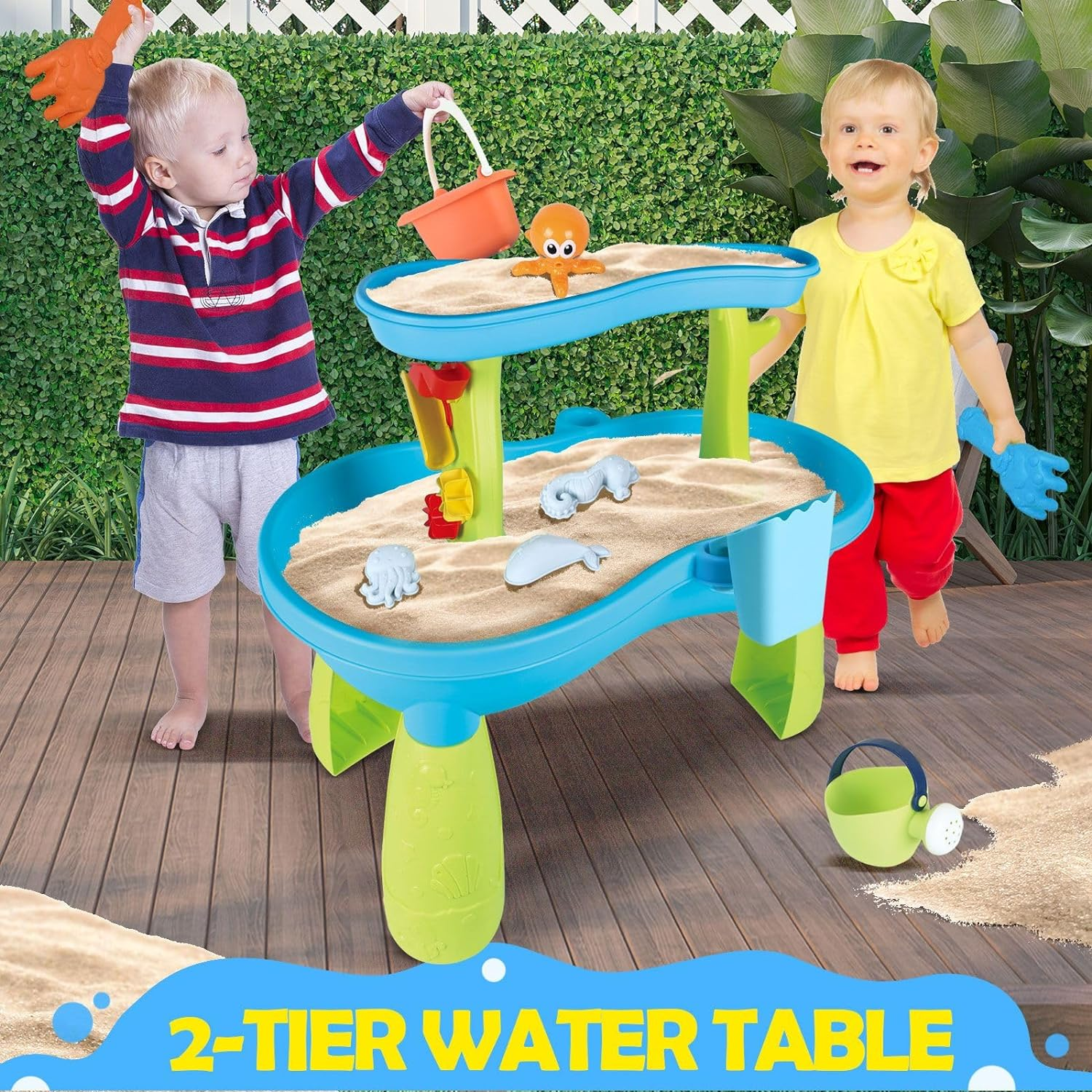 KIDBOT Sand and Water Table,2 Tier Pool Play Toys for Educational Beach Outdoor Activity Summer Backyard Kids Pretend Set image number 6