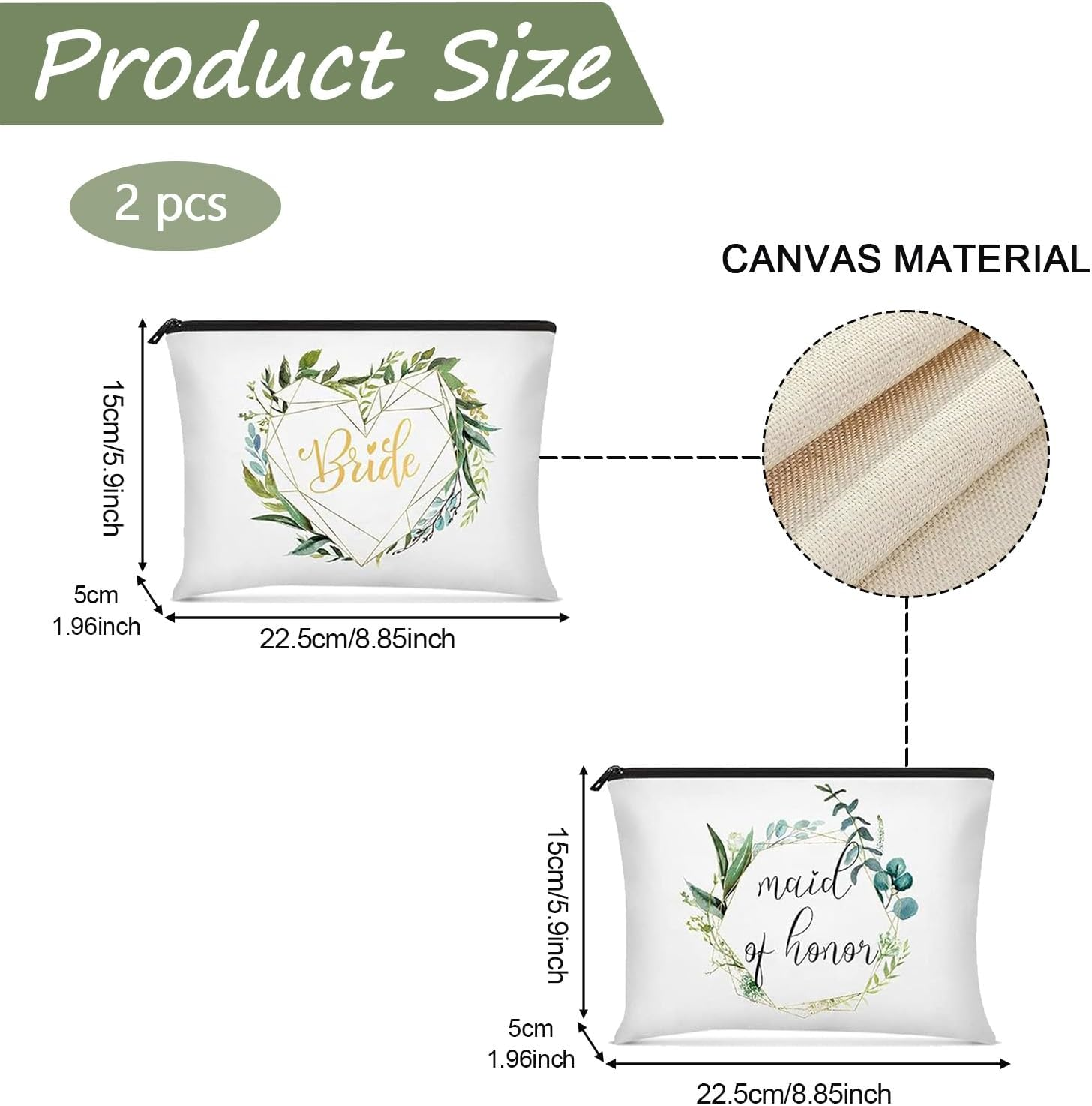 KASESSS Pack of 2 Bridal Cosmetic Bags, Women'S Travel Canvas Cosmetic Bag, Bride to Be Gifts, Make up Bag Gifts for Girlfriends, Bride and Bridesmaids, White, 22.5 X 15 Cm image number 2