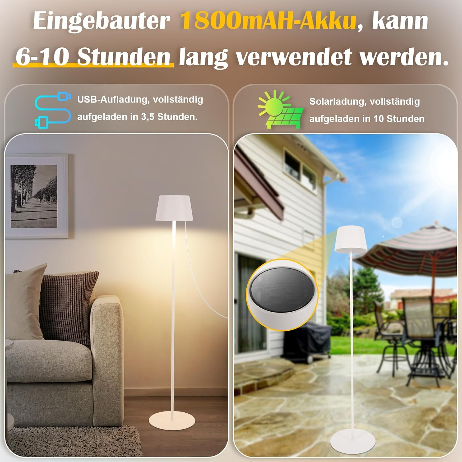 Homefire Outdoor Solar Floor Lamp 120 Cm: LED Floor Lamp Living Room Dimmable 3000 K - 6500 K with USB-C Rechargeable Battery White Wireless Floor Lamp Height Adjustable Waterproof for Indoor Garden image number 2