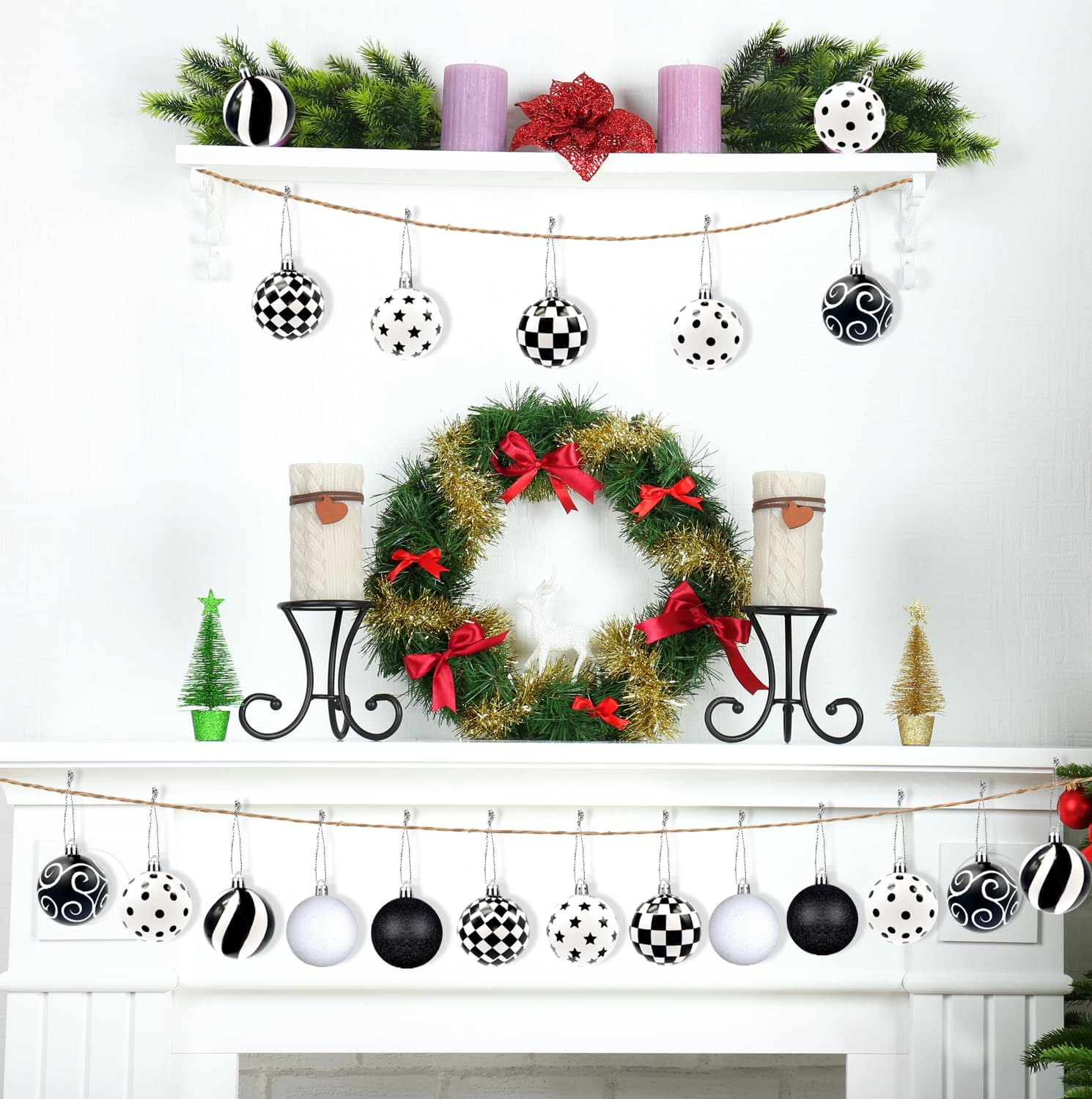 24 Pieces Black and White Winter Balls Dot Hanging Christmas Ball Christmas Polka Dot Ornaments Farmhouse Christmas Ball Ornaments Black and White Checkered Ball Ornament for Christmas Tree Decor image number 4