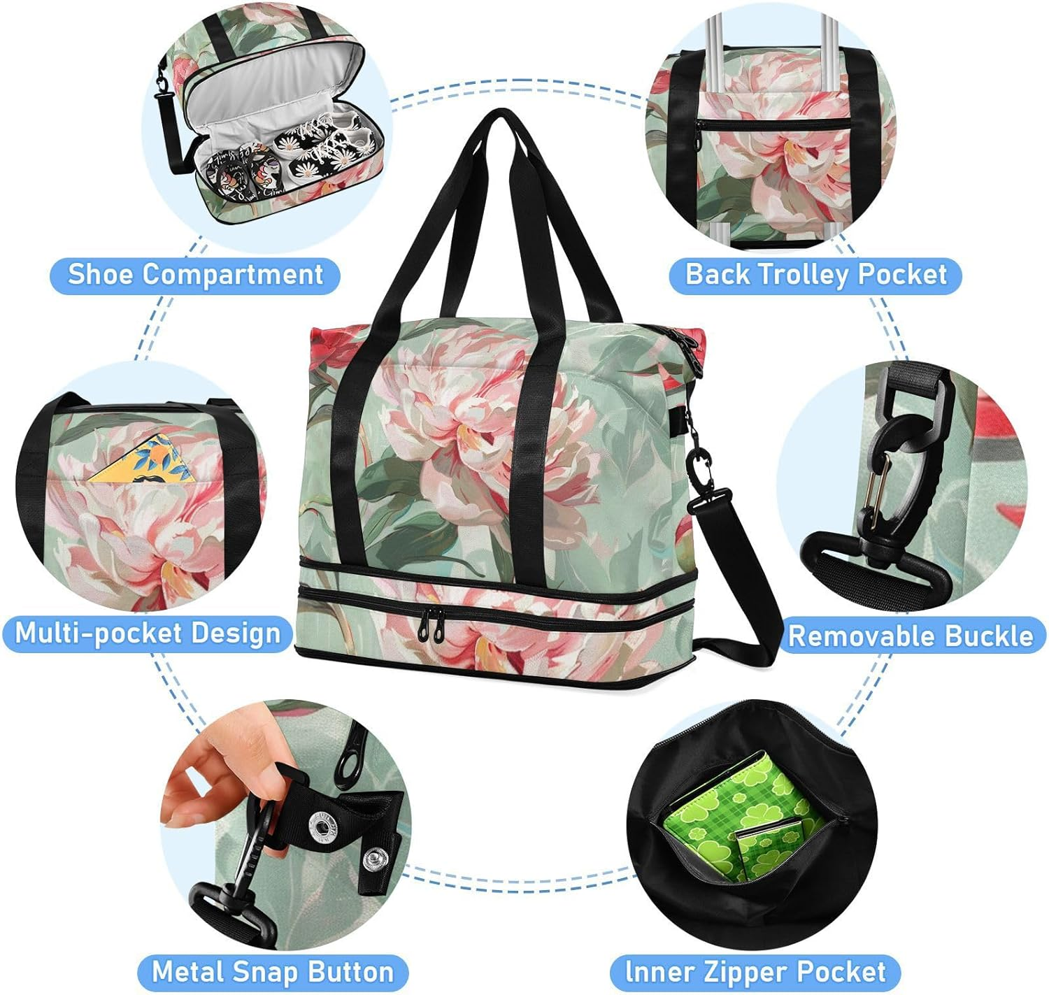 Oil Painting with Vintage Red Peony Flowers Luggage Travel Bag Travel Weekender Gear Bag with Toiletry Bag for Business Trips Waterproof, Oil Painting with Vintage Red Peony Flowers, 1 Size, Oil image number 1