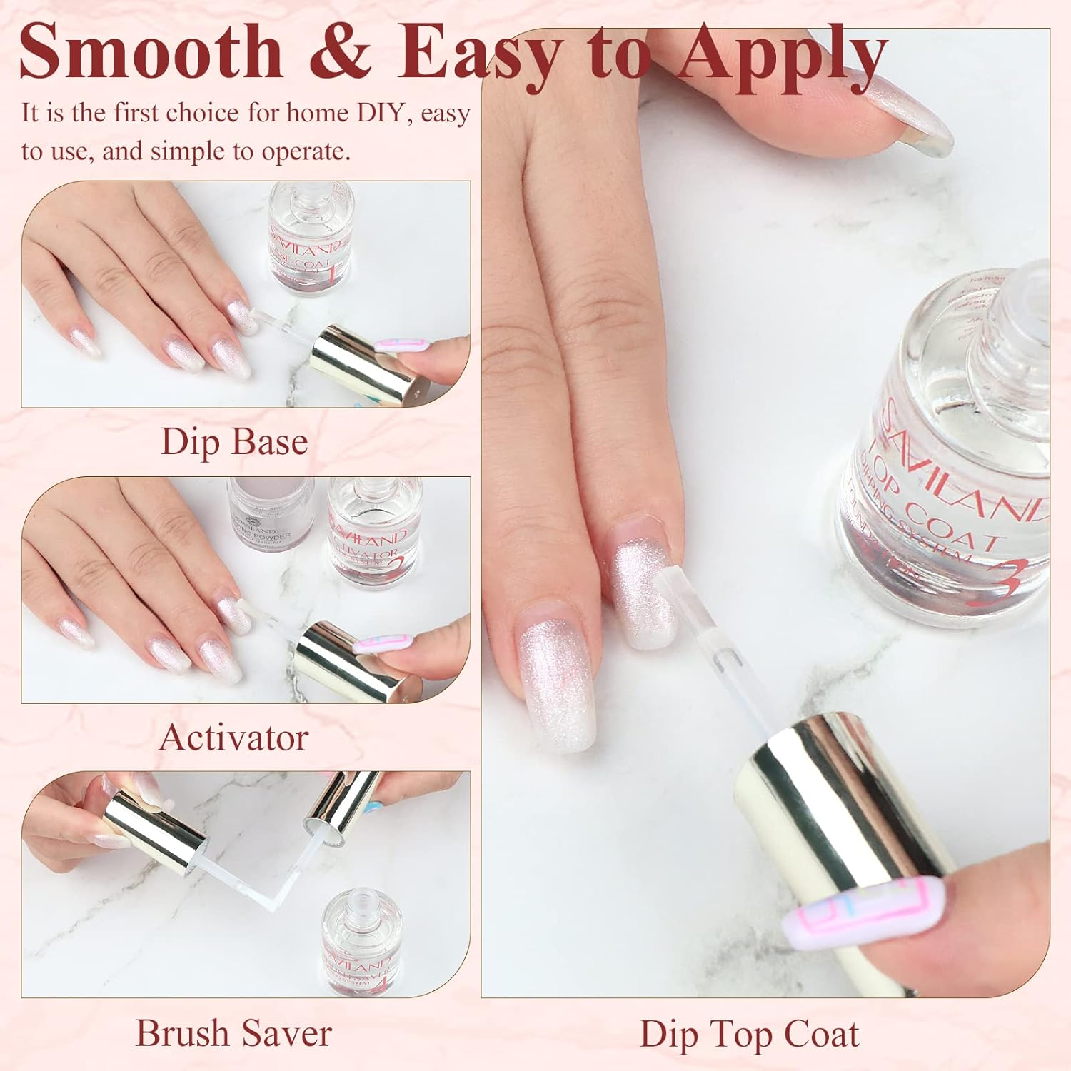 SAVILAND Dip Powder Liquid Set 15Ml/0.5Oz,10 Pcs Base/Top Coat, Activator Brush Saver Acrylic Gel Dip Nail File Strengthen Nail Powder Nail Set No Nail Lamp Needed Gift Set for Daughters Salon-Quality image number 5