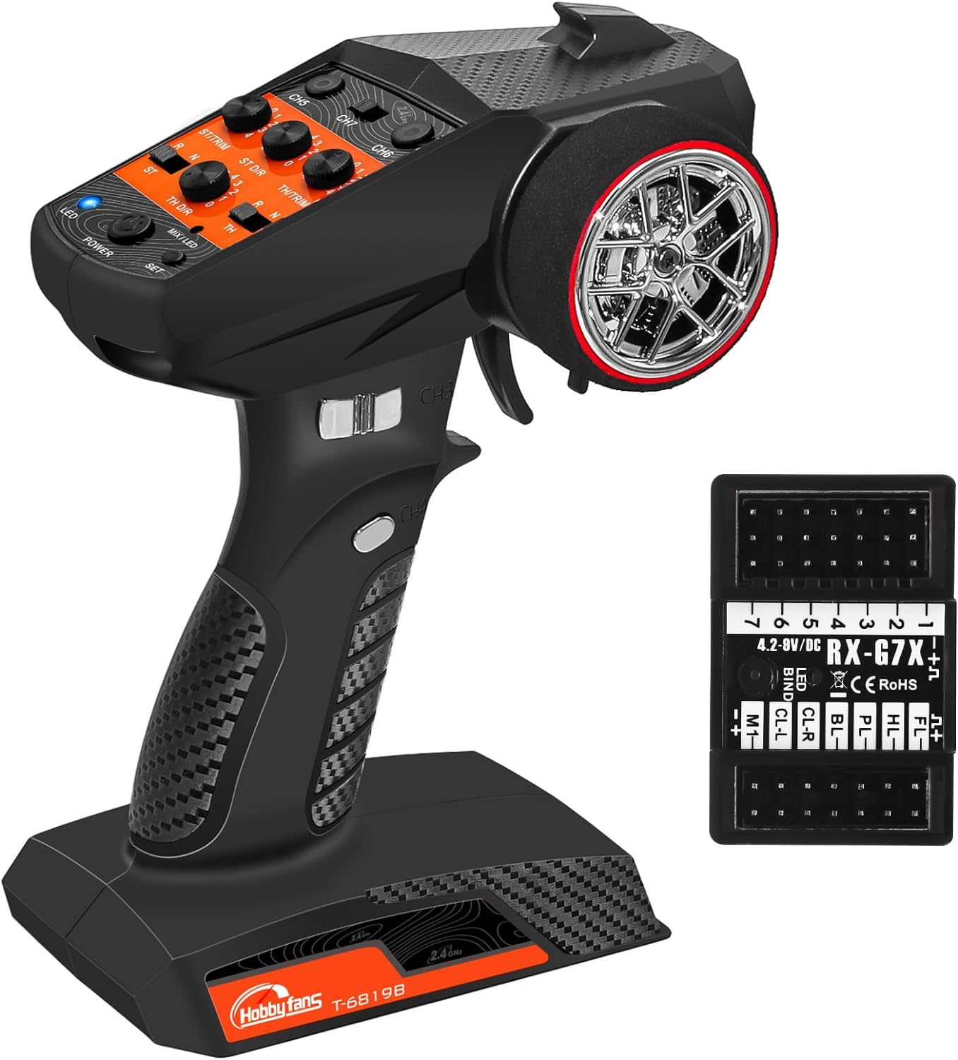 Hobby Fans RC Radio System 7CH 2.4G RC Transmitter with Receiver Anti-Jamming Remote Controller for RC Car Crawler Boat, Button image number 2