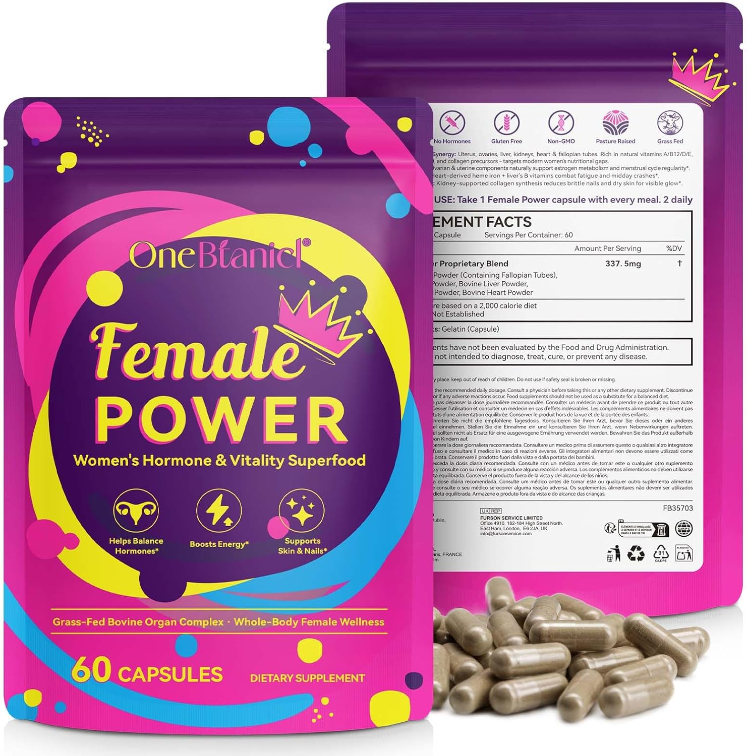 Female Power | Women&rsquo;S Vitality Superfood | Grass-Fed Bovine Organ Complex with Uterus, Ovaries, Liver, Kidney & Heart | Nutrient-Dense Whole Food Supplement | 60 Capsules