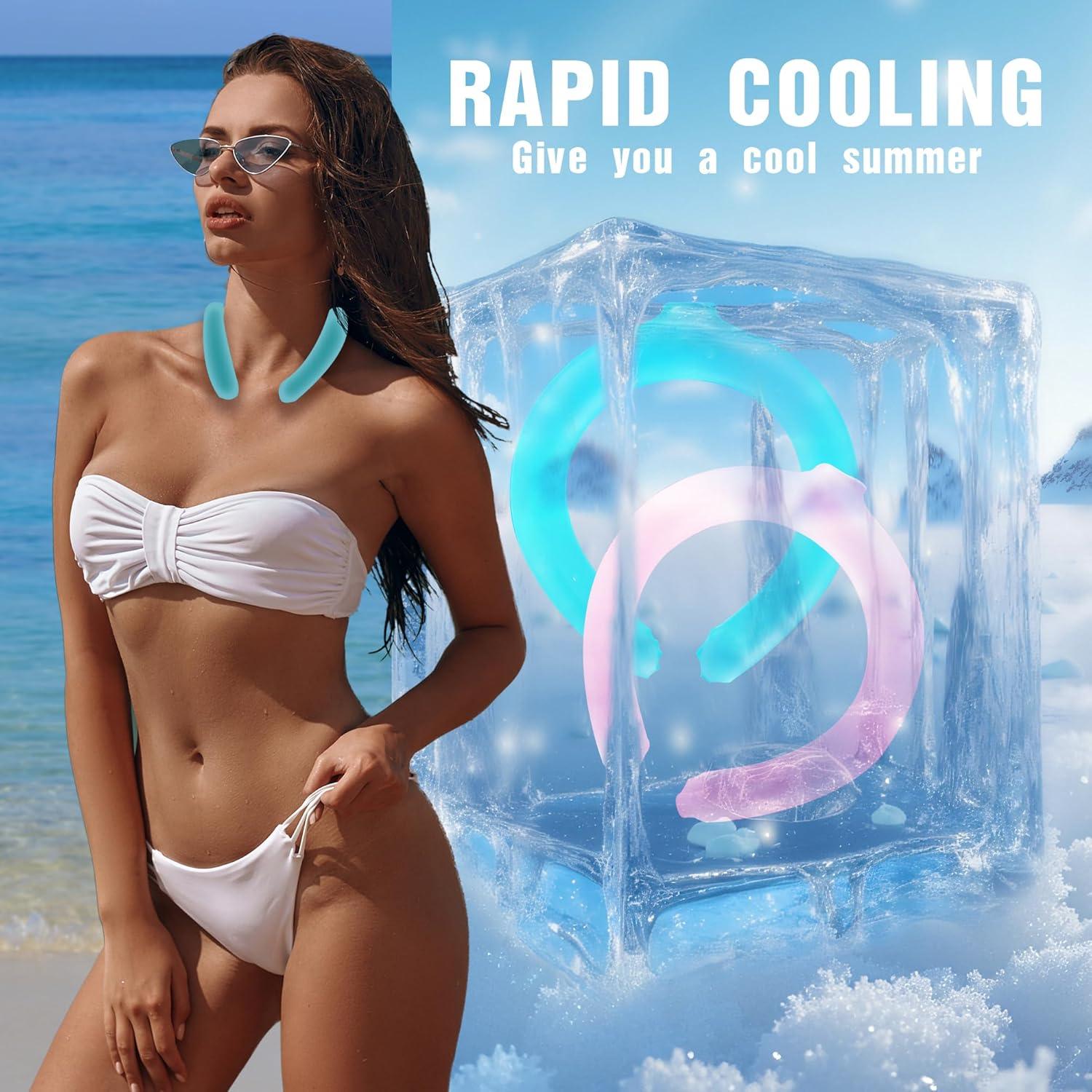 2 PCS Neck Cooling Tube, Wearable Cooling Neck Wrap for Summer Heat, Hands-Free Cold Compress Pack, Reusable Neck Cooler (Blue + Pink) image number 1