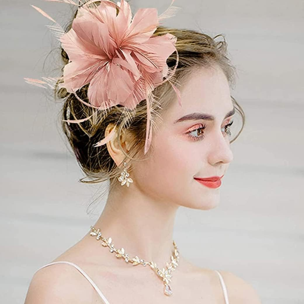 NOPEILVI Women'S Pink Floral Fascinator Hat for Wedding, Church, Derby, Bridal Tea Party, Races Party image number 4