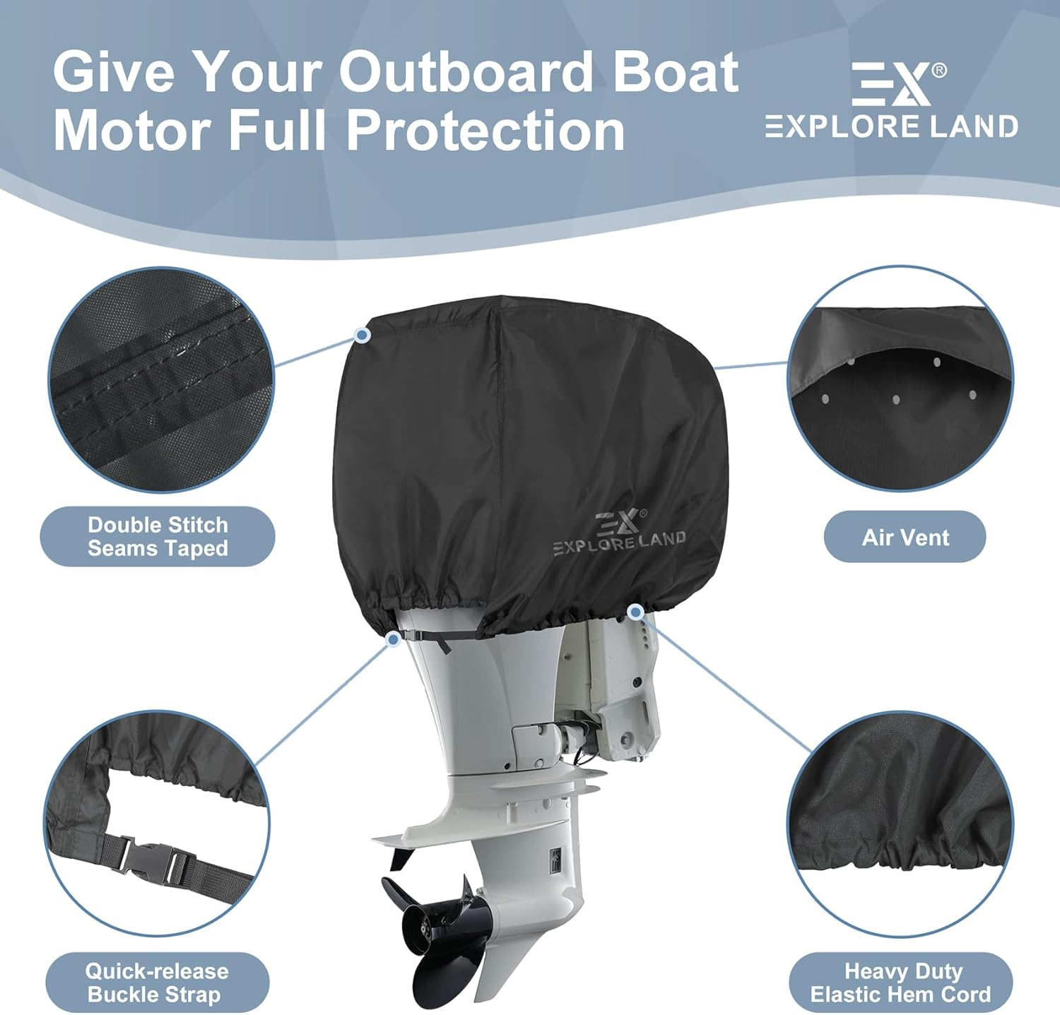 Explore Land Outboard Motor Cover - Waterproof 600D Heavy Duty Boat Engine Hood Covers Fit for 25-300HP Motor image number 6